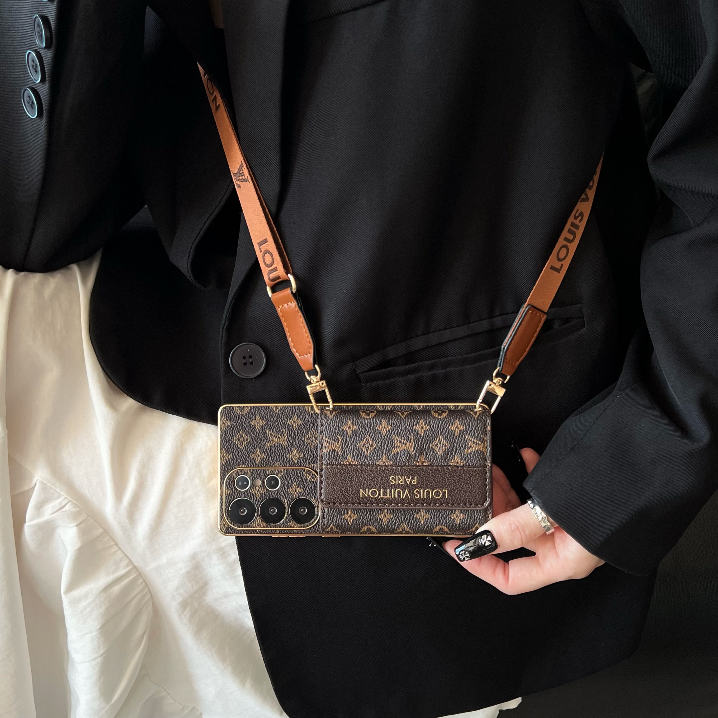 Stylish Leather Monogram Samsung Galaxy S Series Case With Wallet And Crossbody Strap-GELV112