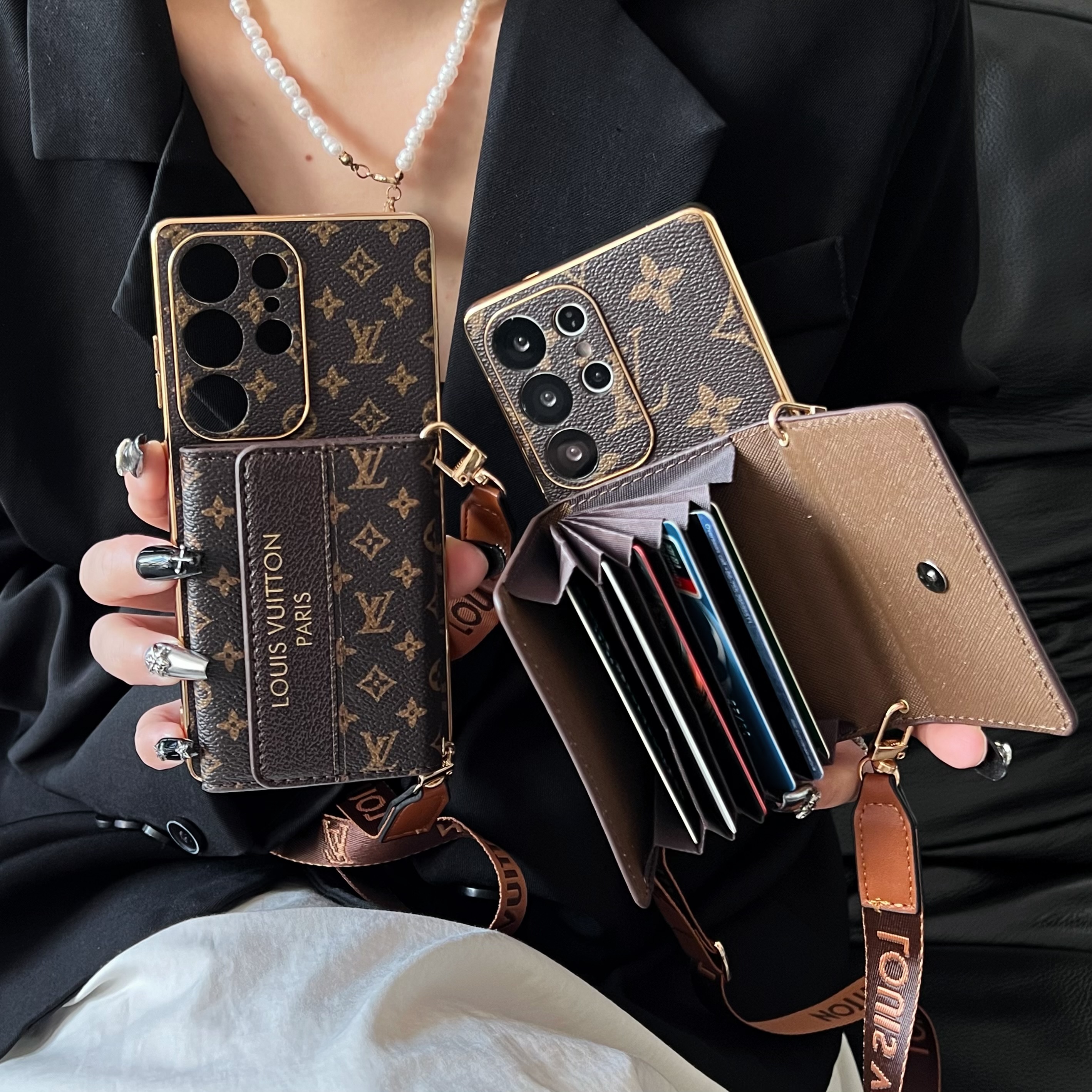 Stylish Leather Monogram Samsung Galaxy S Series Case With Wallet And Crossbody Strap-GELV112