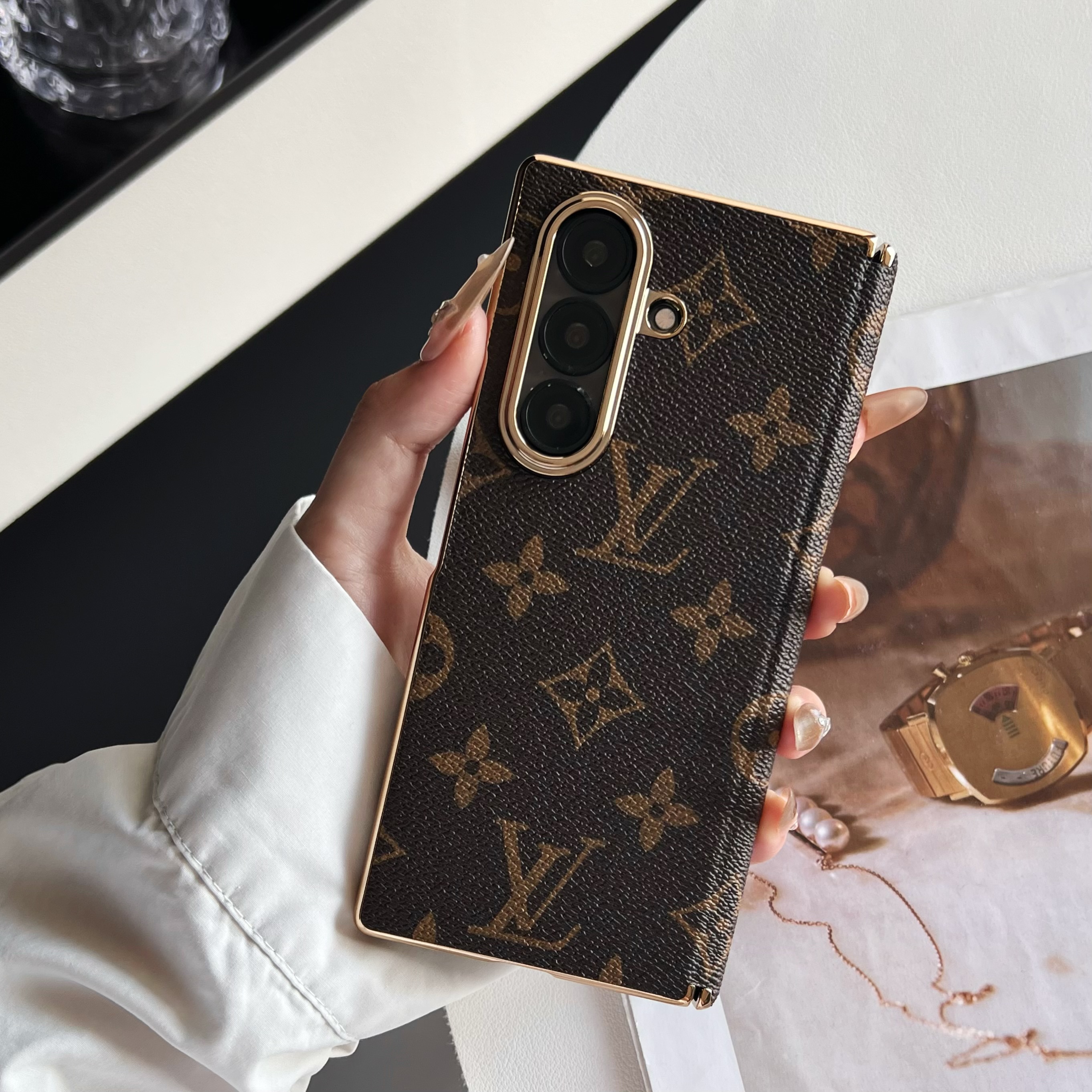 Premium Leather Monogram Samsung Galaxy Z Fold Series Case Big Printing-GELV107