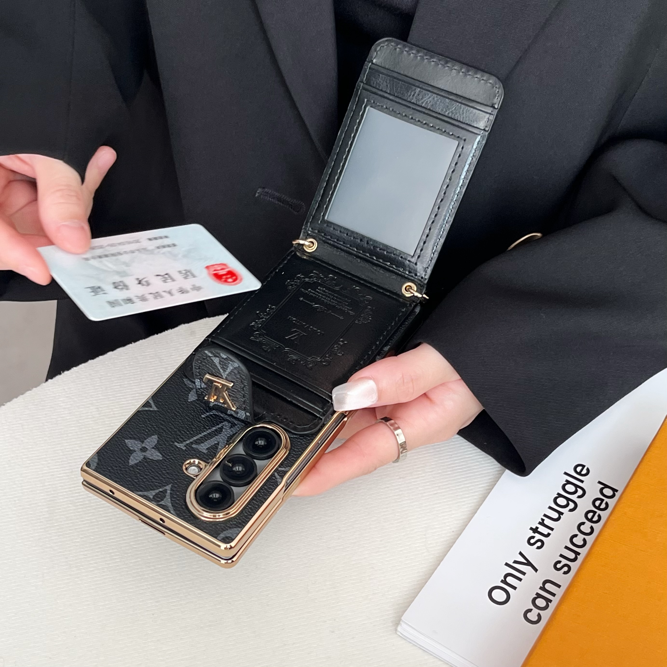 High-quality Monogram Samsung Galaxy Z Fold Series Case With Card Wallet And Strap-GELV110