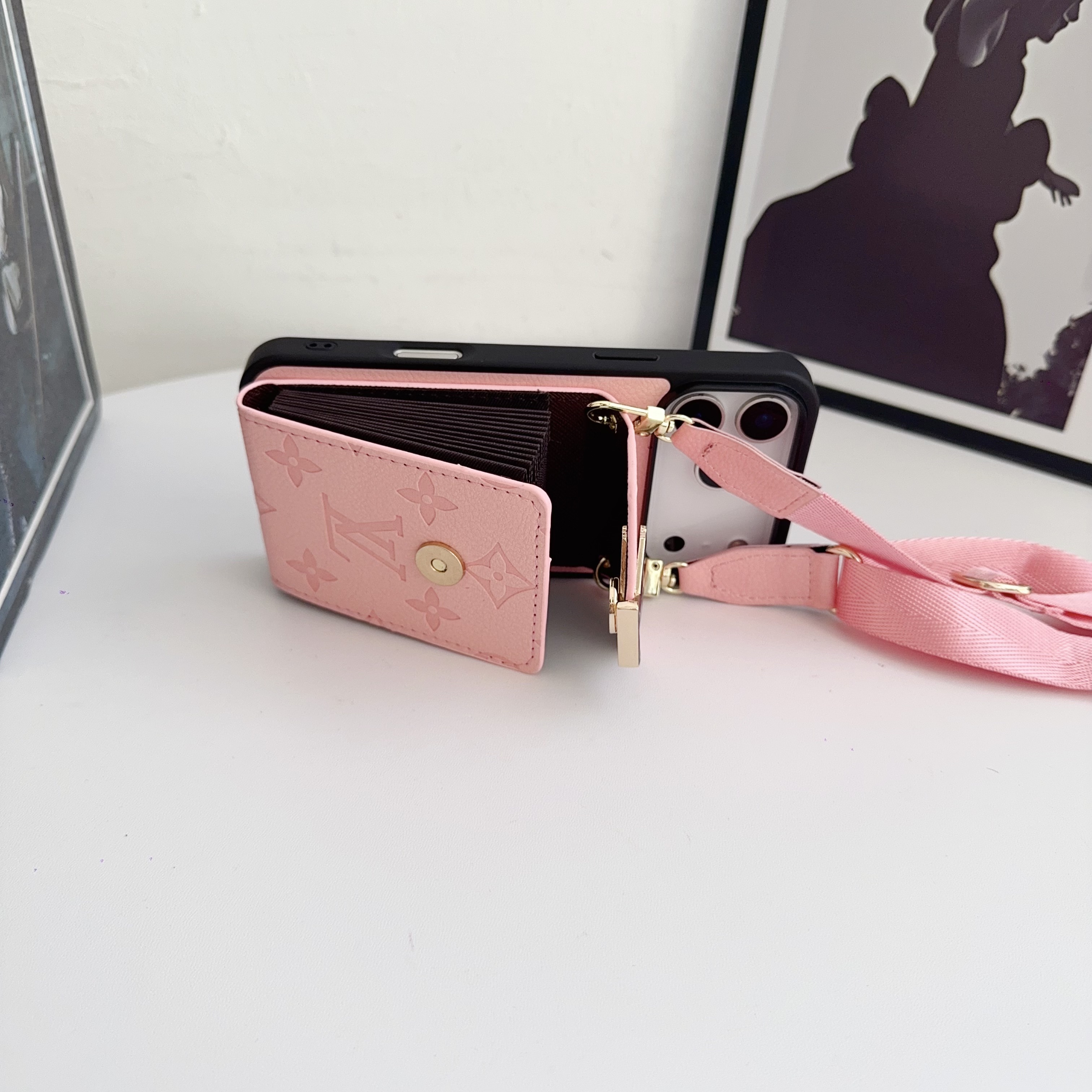 Leather Monogram iPhone Case With Card Holder And Strap -LBK251124