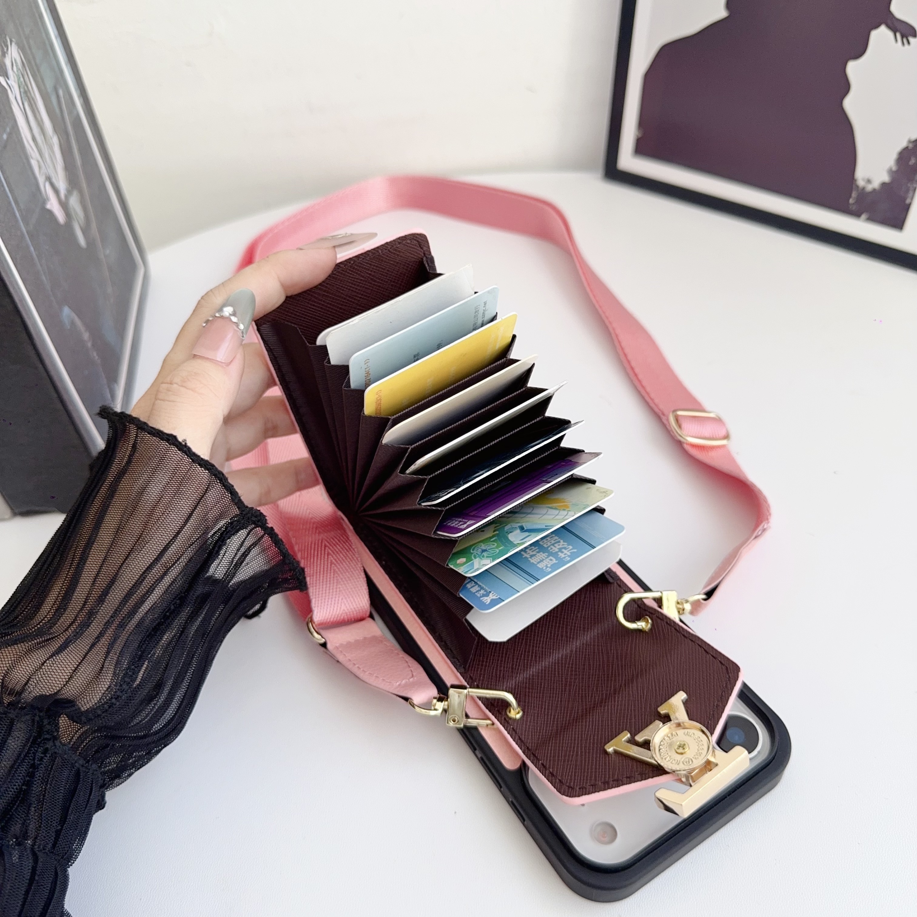 Leather Monogram iPhone Case With Card Holder And Strap -LBK251124