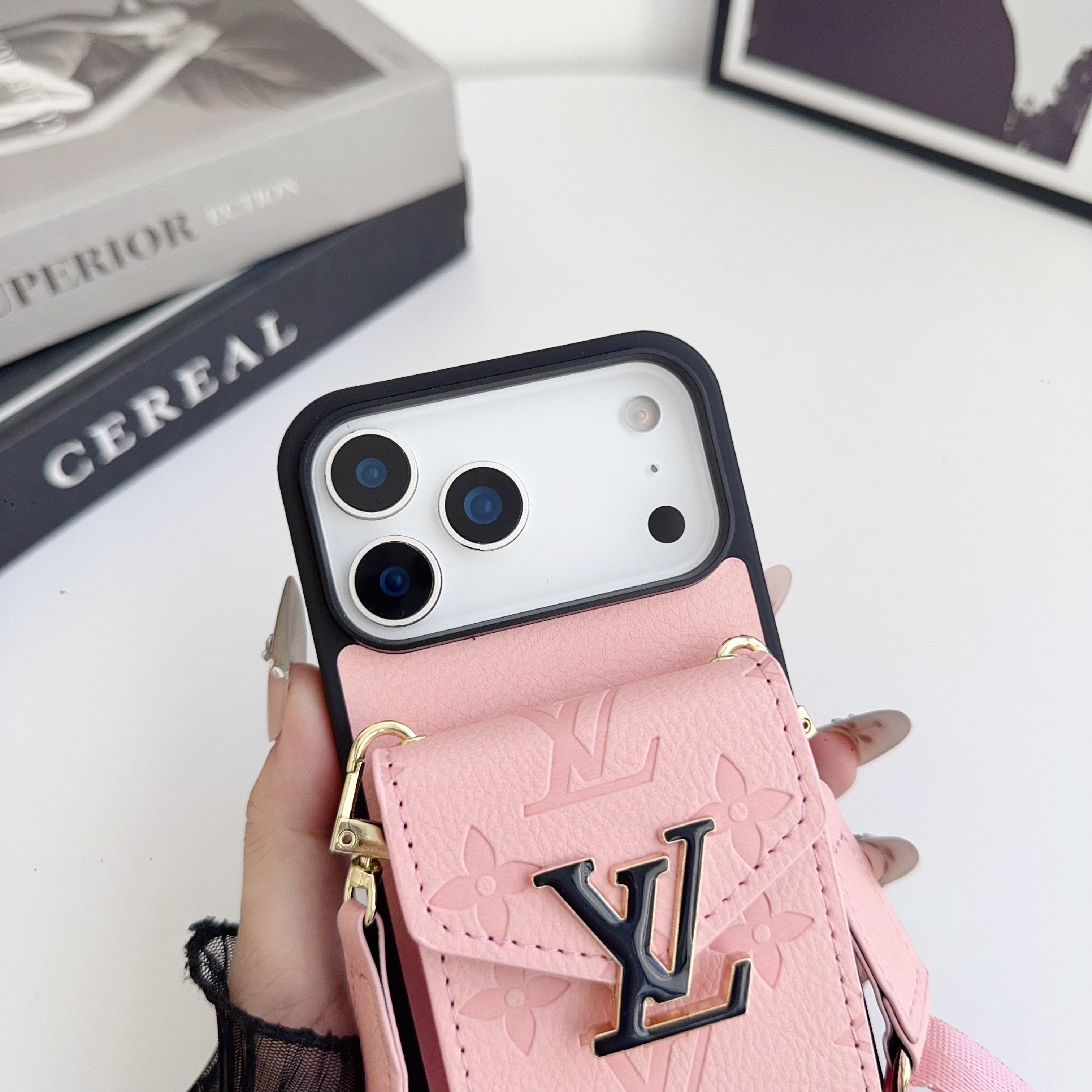 Leather Monogram iPhone Case With Card Holder And Strap -LBK251124