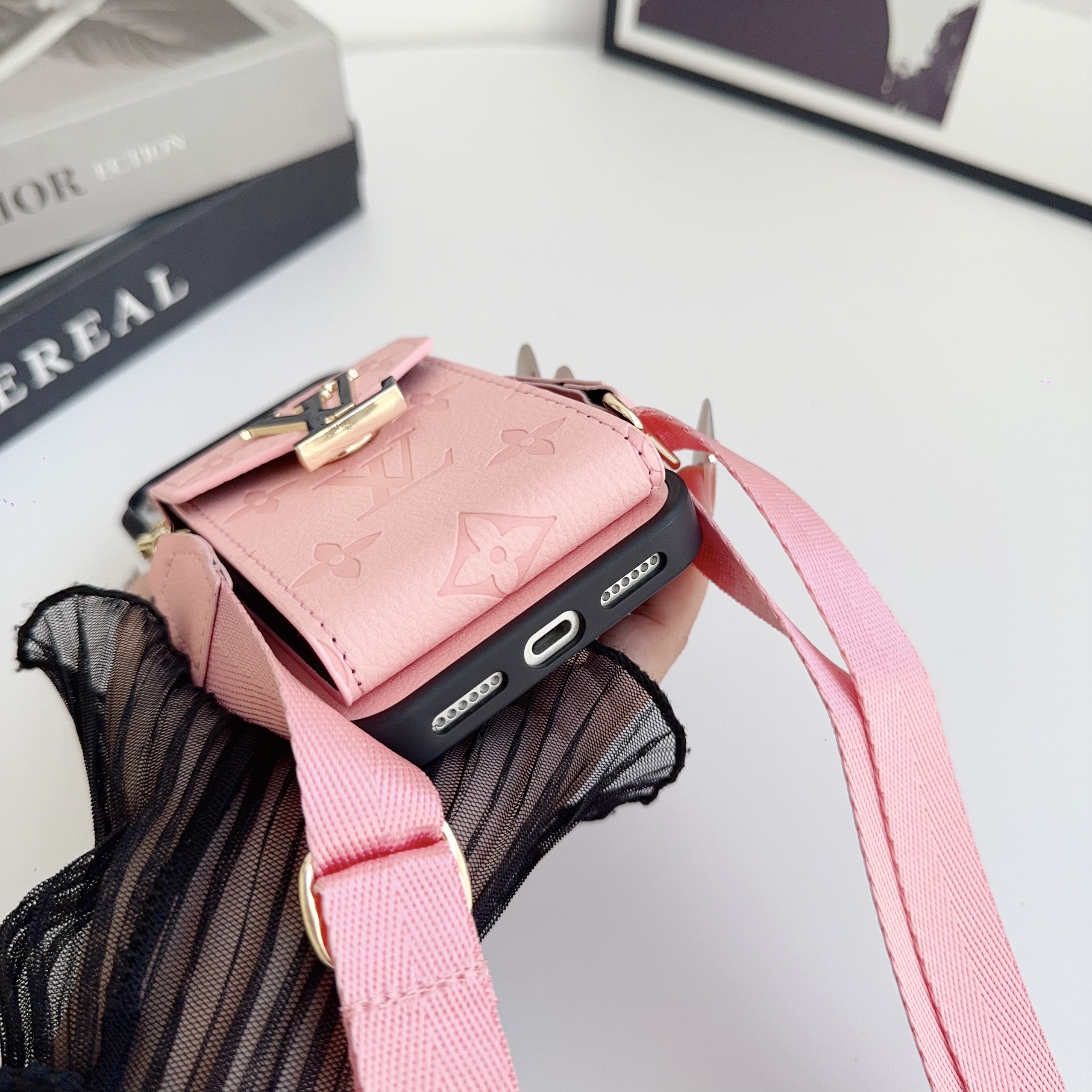 Leather Monogram iPhone Case With Card Holder And Strap -LBK251124