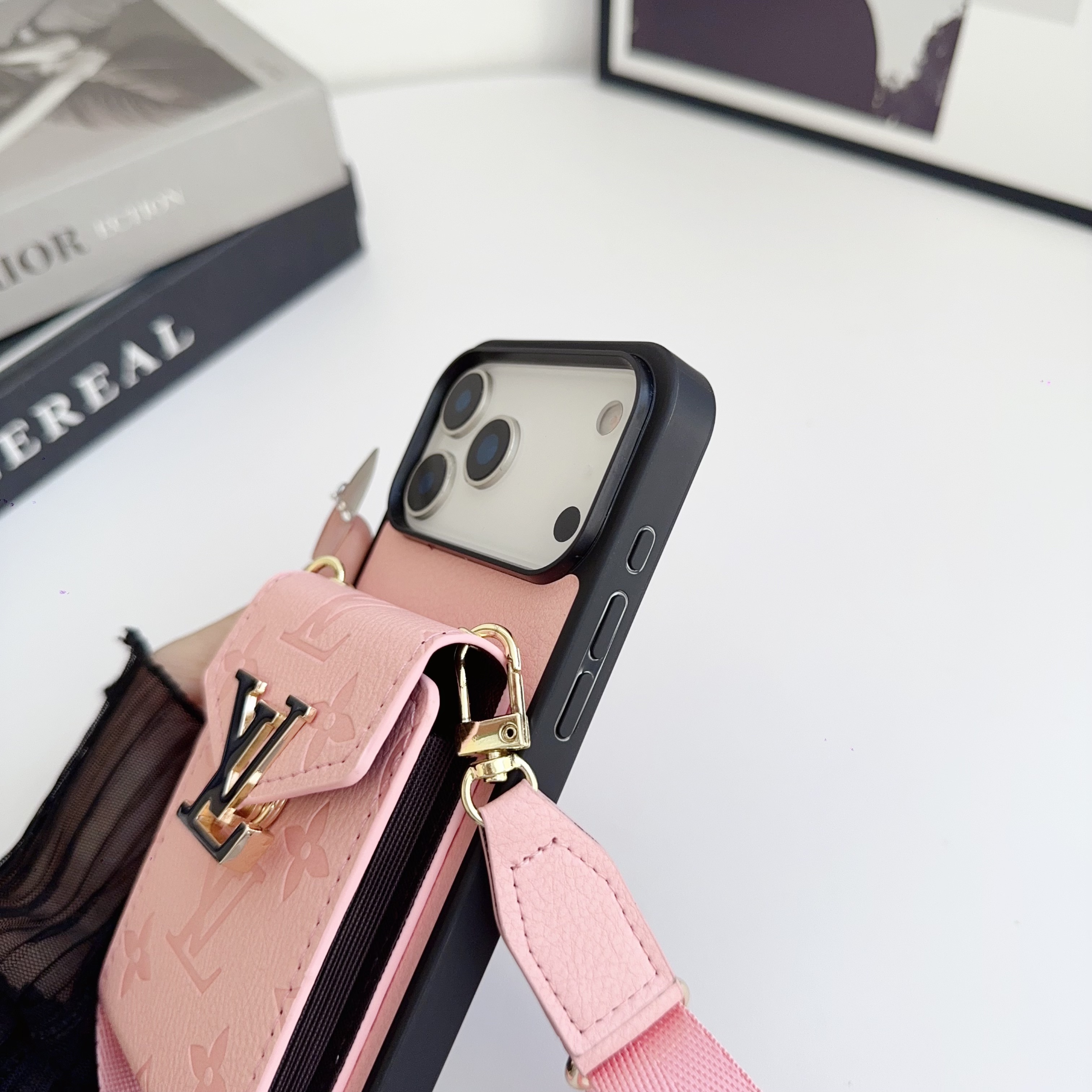 Leather Monogram iPhone Case With Card Holder And Strap -LBK251124