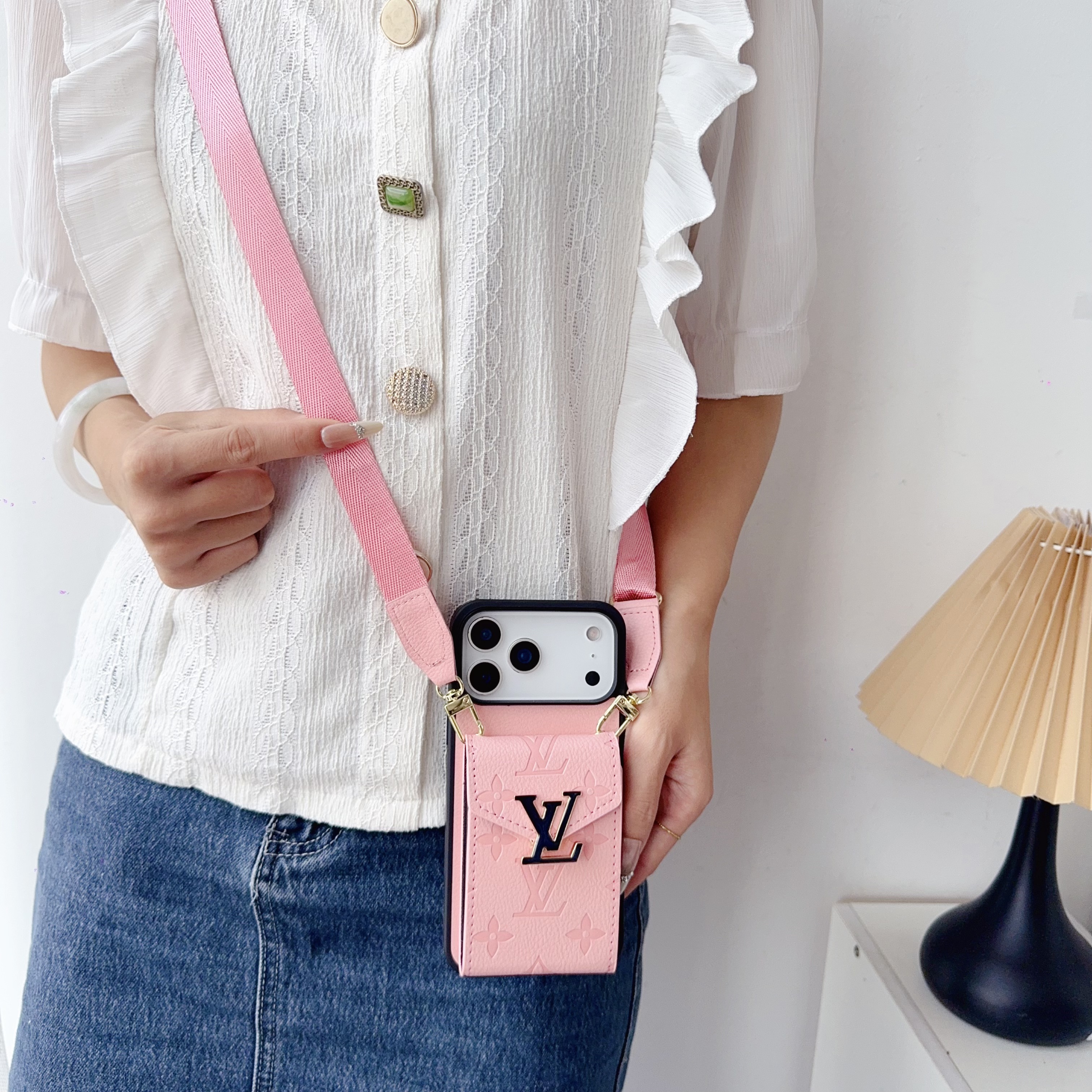 Leather Monogram iPhone Case With Card Holder And Strap -LBK251124
