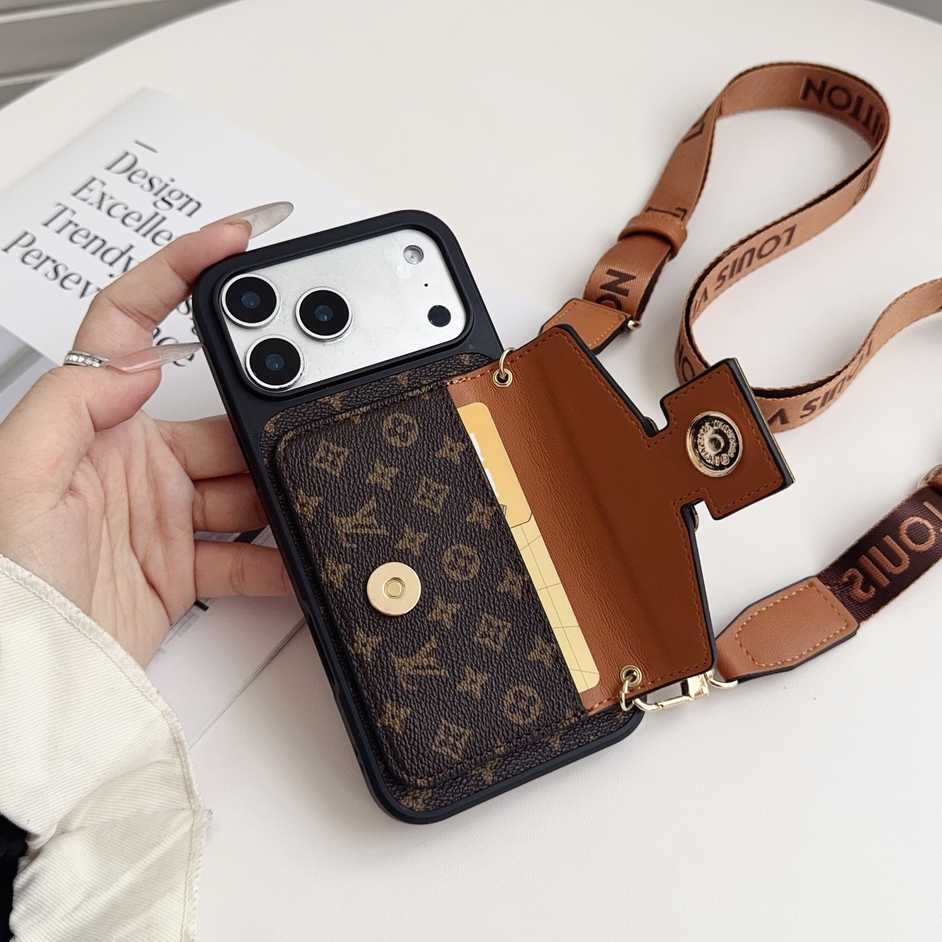 Classic Leather Monogram iPhone Case With Card Holder And Strap-MYK251605