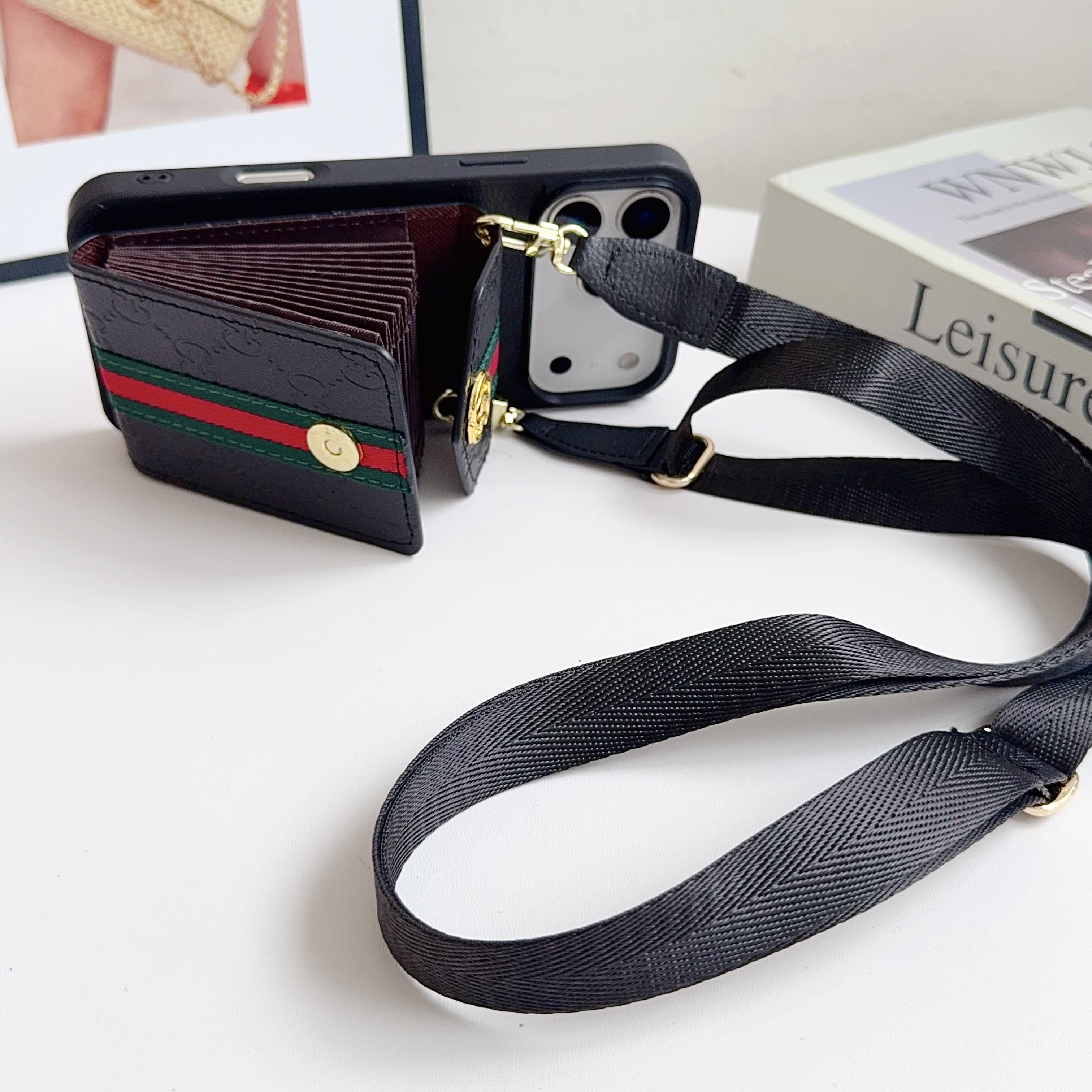 Leather GG iPhone Case With Card Holder And Strap -FQK251305