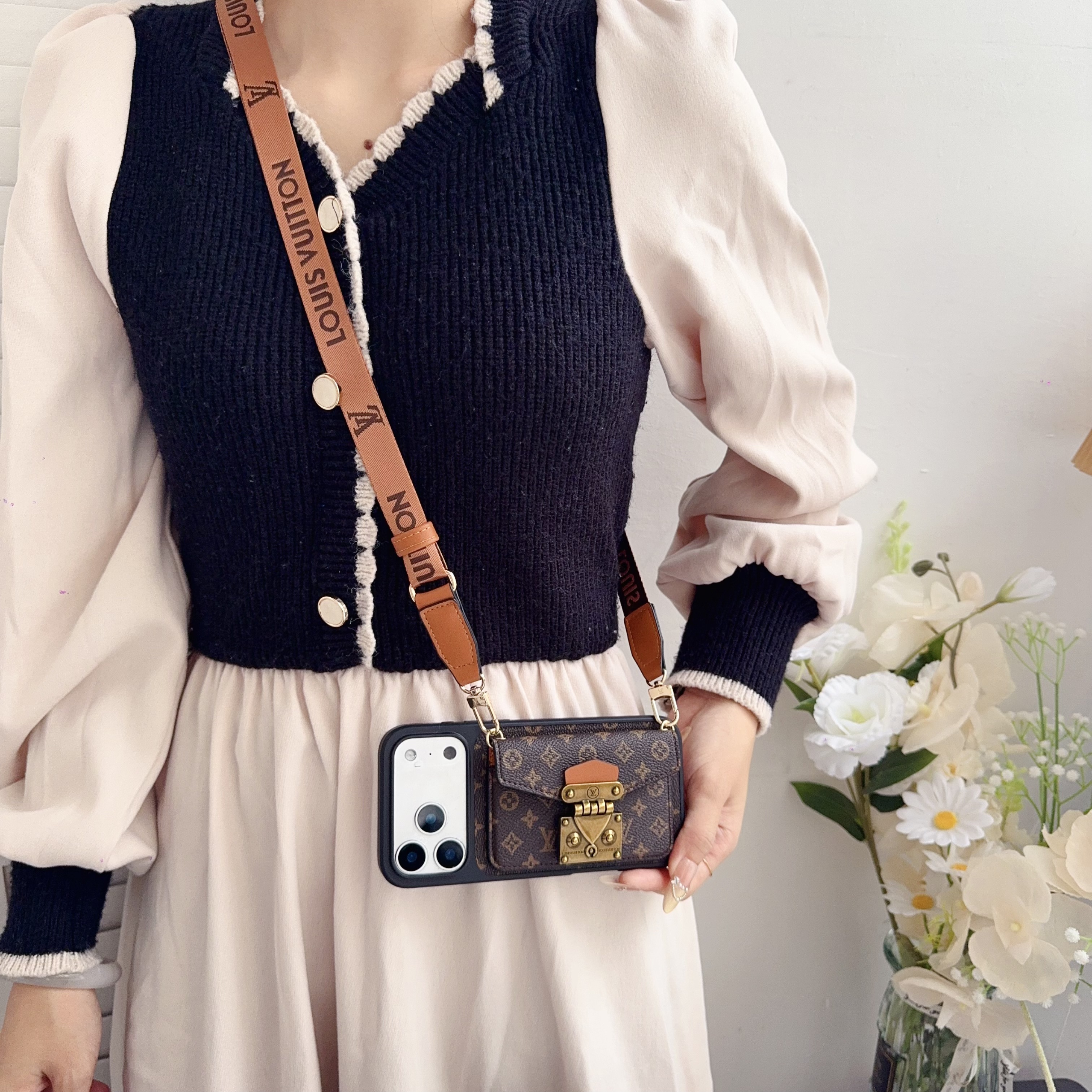 Classic Leather Monogram iPhone Case With Card Holder And Strap-MYK251605