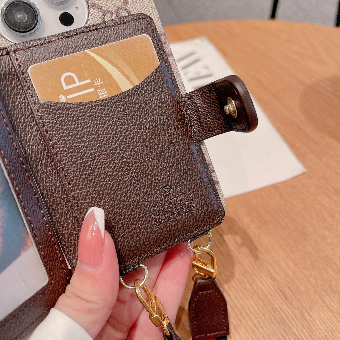 GG iPhone Case With Card Holder And Strap Brown -SZK240401-GTOCASE