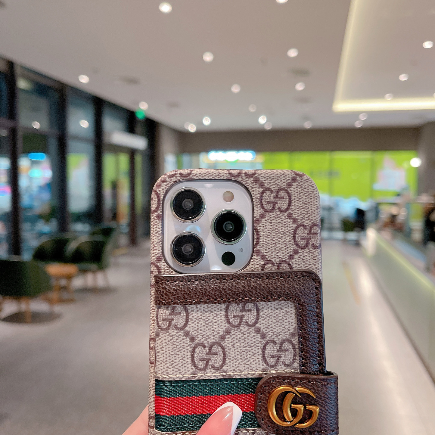 GG iPhone Case With Card Holder And Strap Brown -SZK240401-GTOCASE