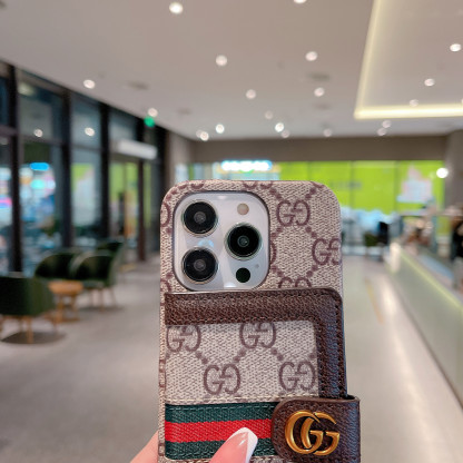 GG iPhone Case With Card Holder And Strap Brown -SZK240401-GTOCASE