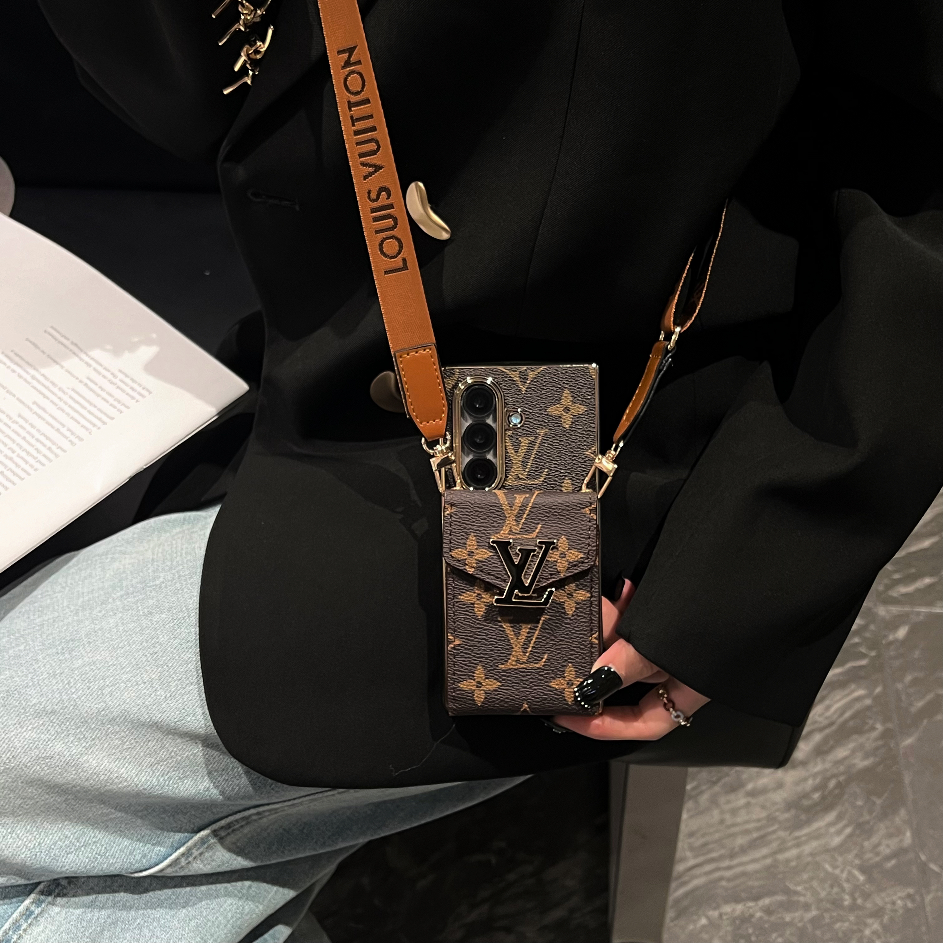 Luxury Leather Monogram Samsung Galaxy Z Fold Series Case With Card Holder And Strap-GELV103