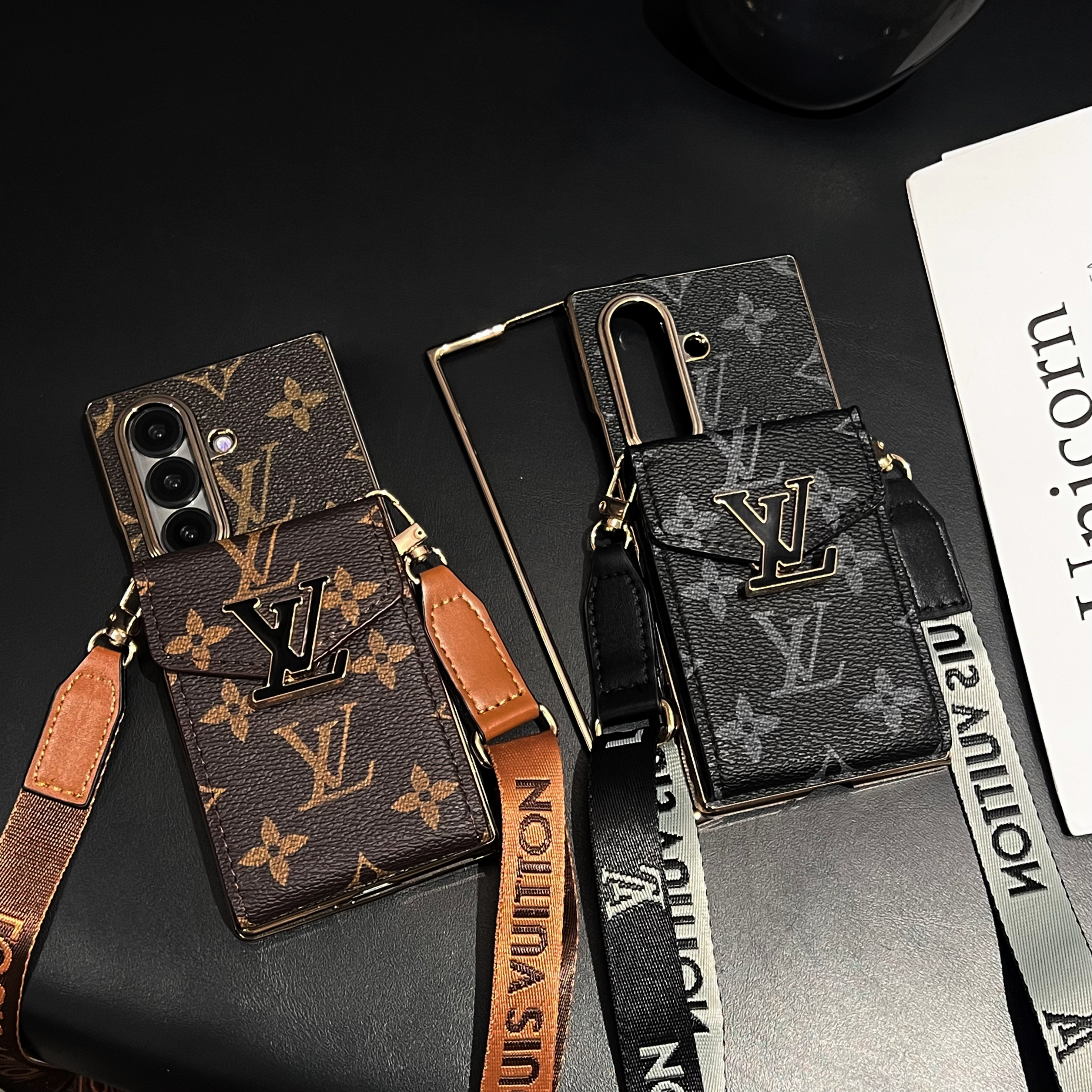 Luxury Leather Monogram Samsung Galaxy Z Fold Series Case With Card Holder And Strap-GELV103