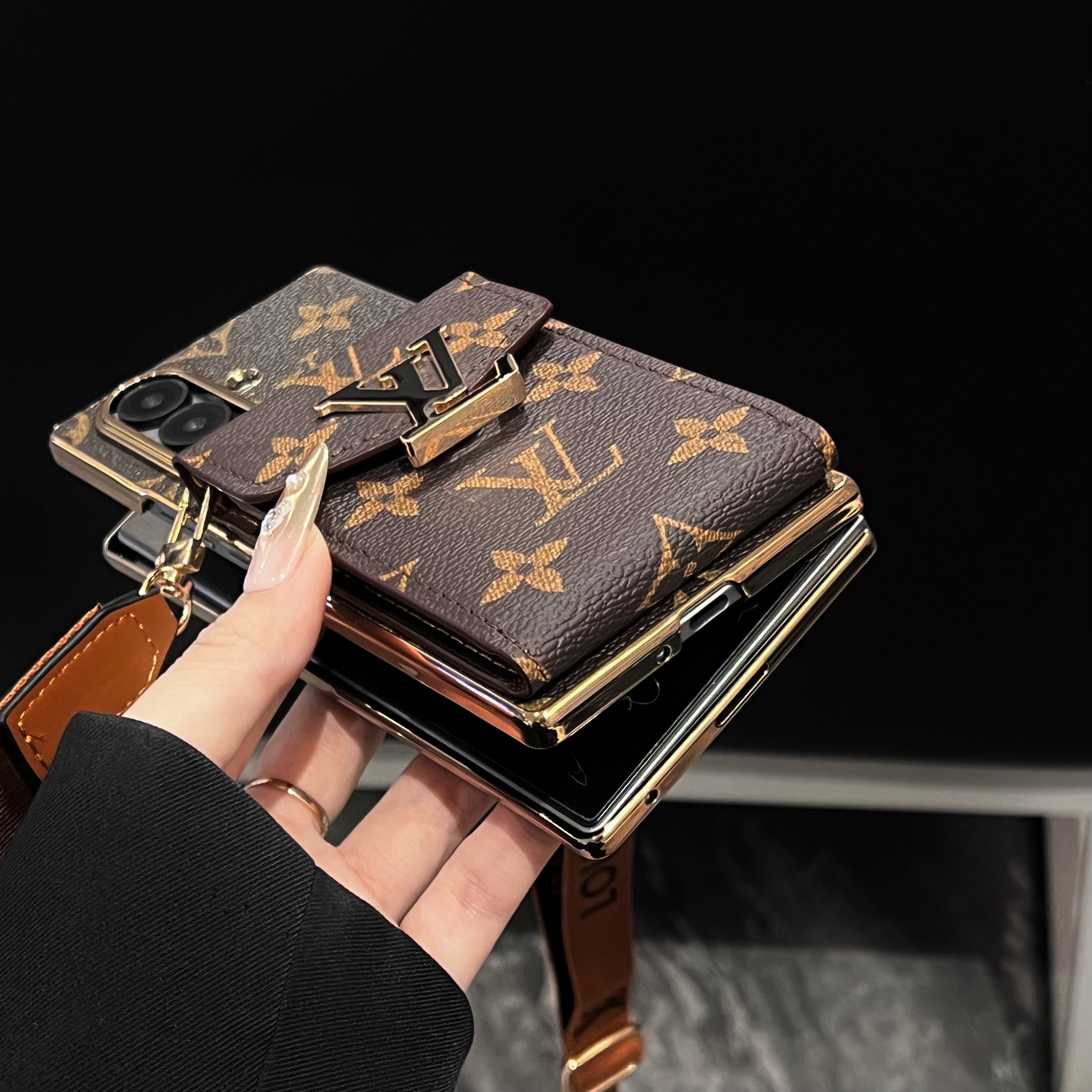 Luxury Leather Monogram Samsung Galaxy Z Fold Series Case With Card Holder And Strap-GELV103