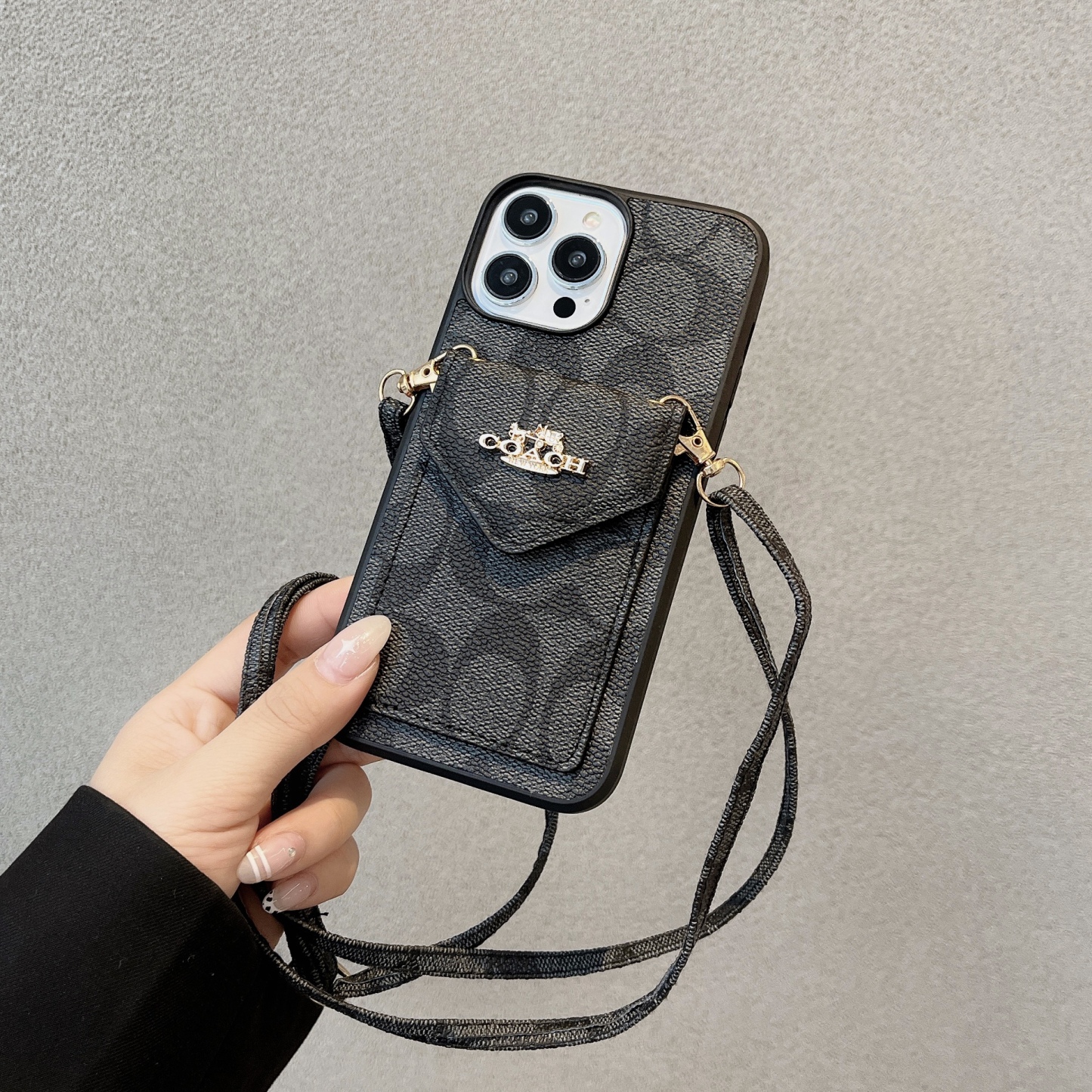 CH  iPhone Case With Card Holder And Strap Light Black -SJ240513-GTOCASE