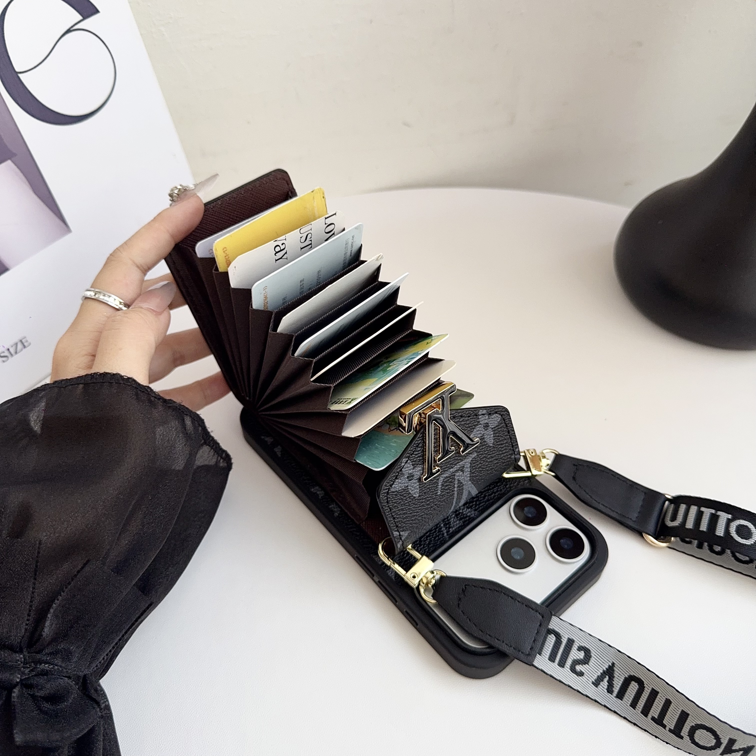 Classic Leather Monogram iPhone Case With Card Holder And Strap -DFK251126