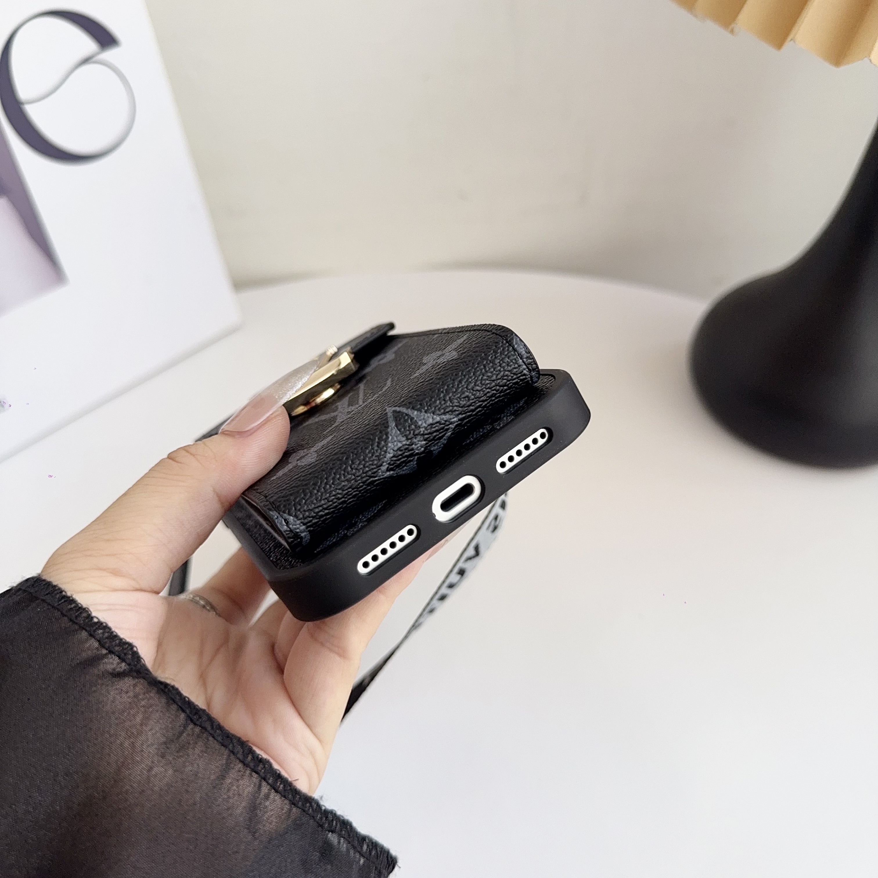 Classic Leather Monogram iPhone Case With Card Holder And Strap -DFK251126