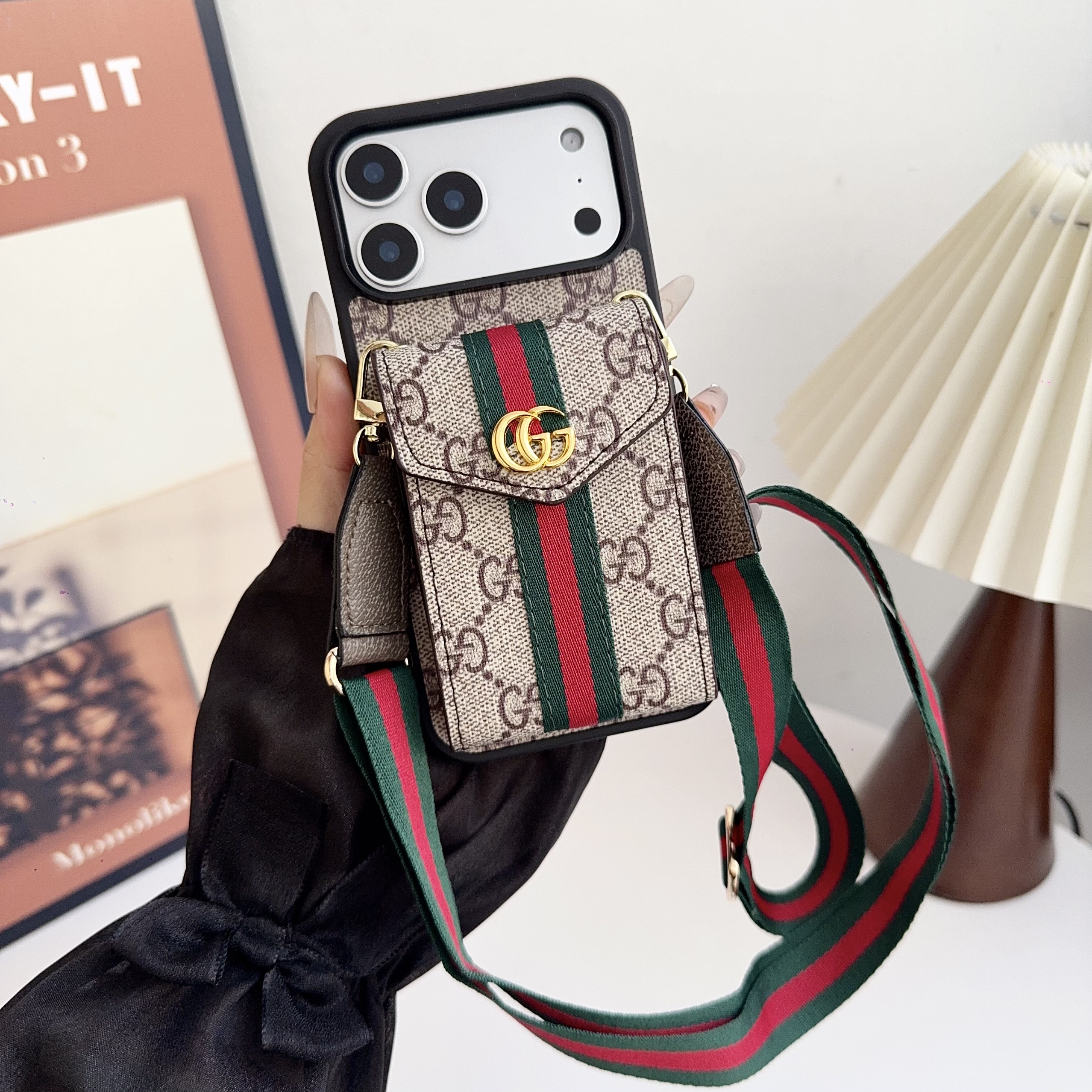Classic Leather GG iPhone Case With Card Holder And Strap Brown-YHK251106