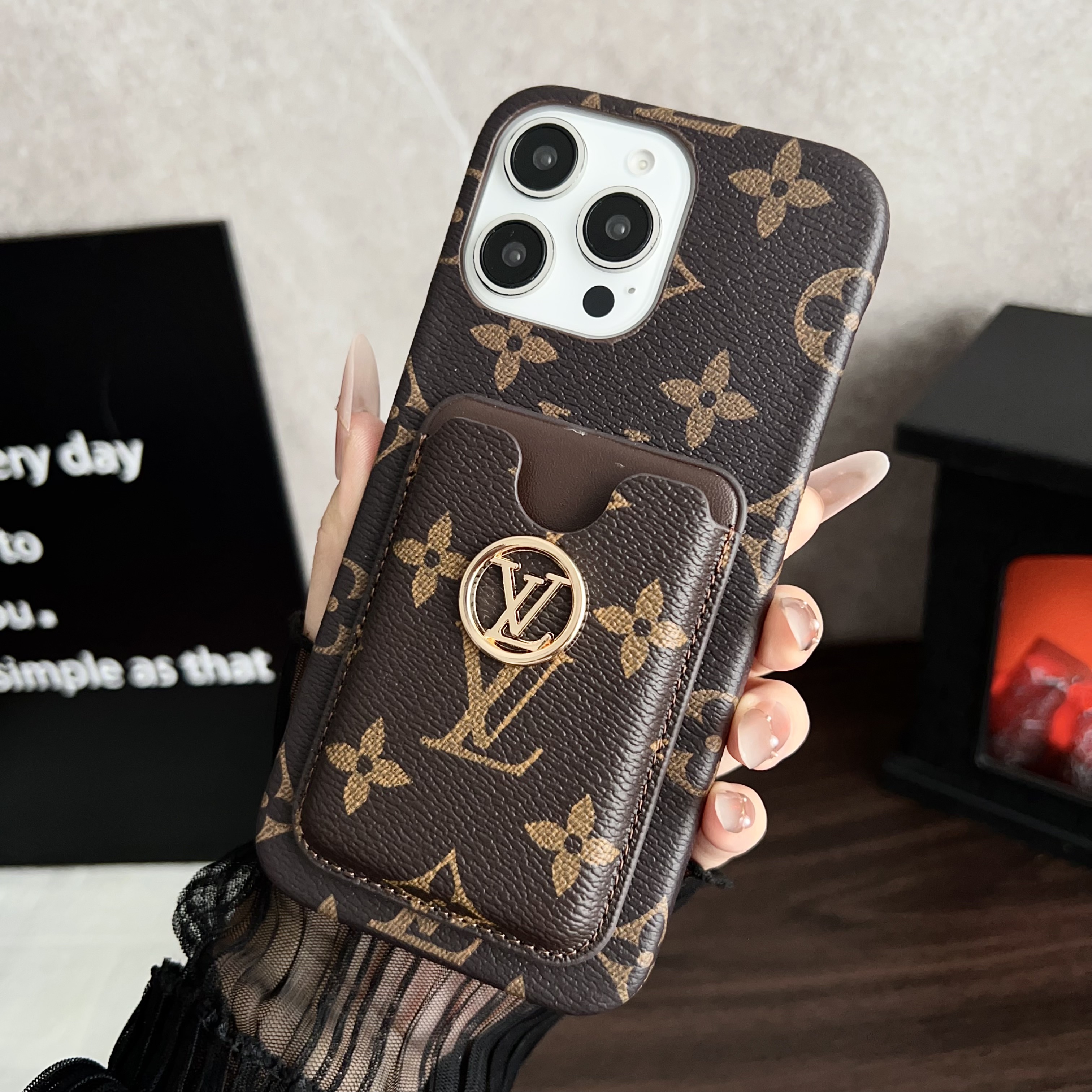 Leather Monogram iPhone Case With Card Holder Big Printing-CKK251157