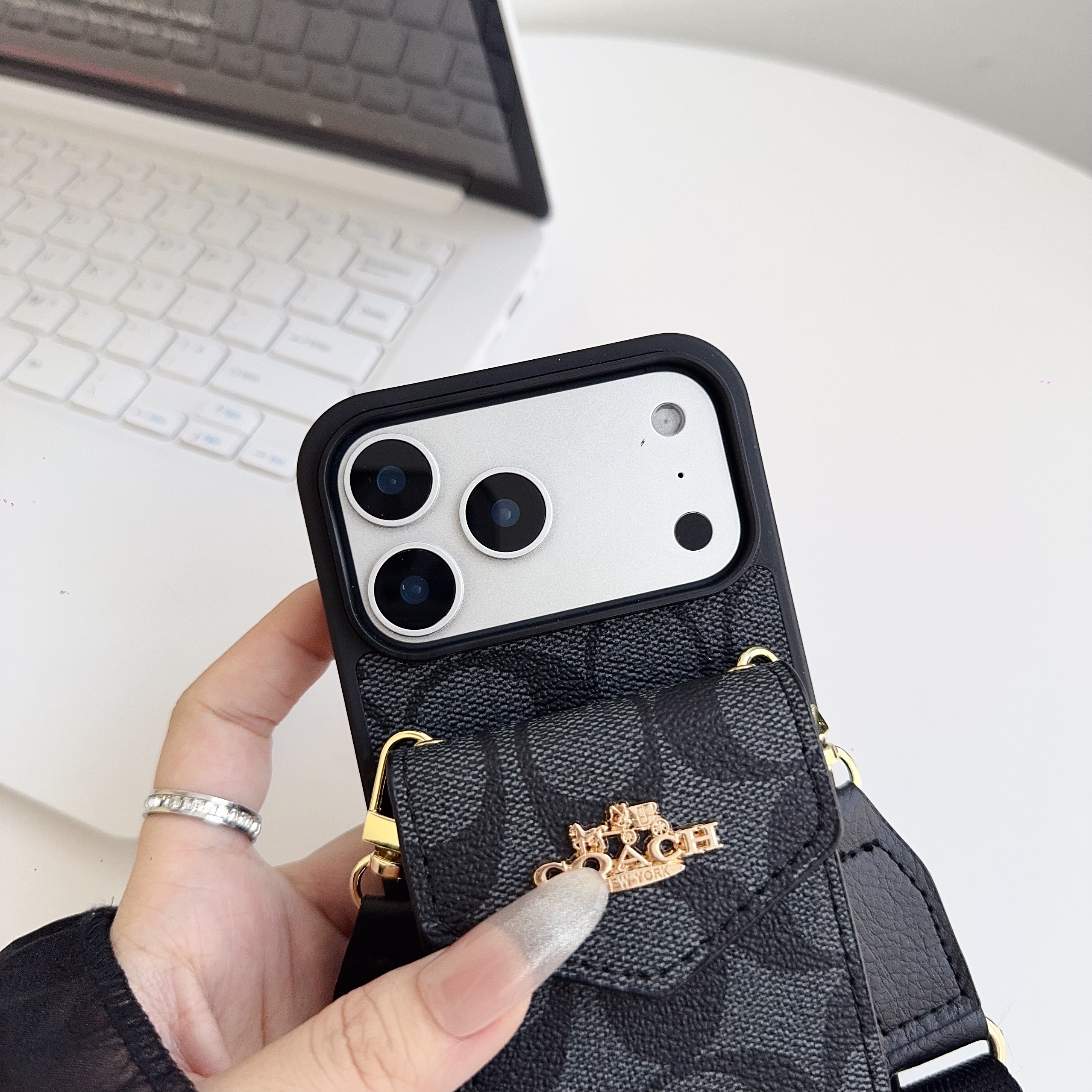 Leather CH iPhone Case With Card Holder And Strap-DKP251105