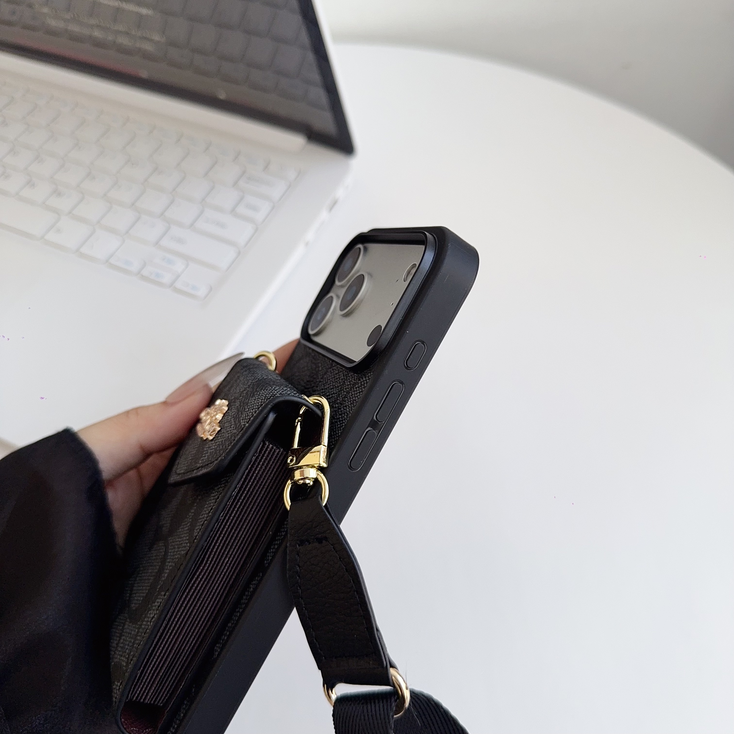 Leather CH iPhone Case With Card Holder And Strap-DKP251105