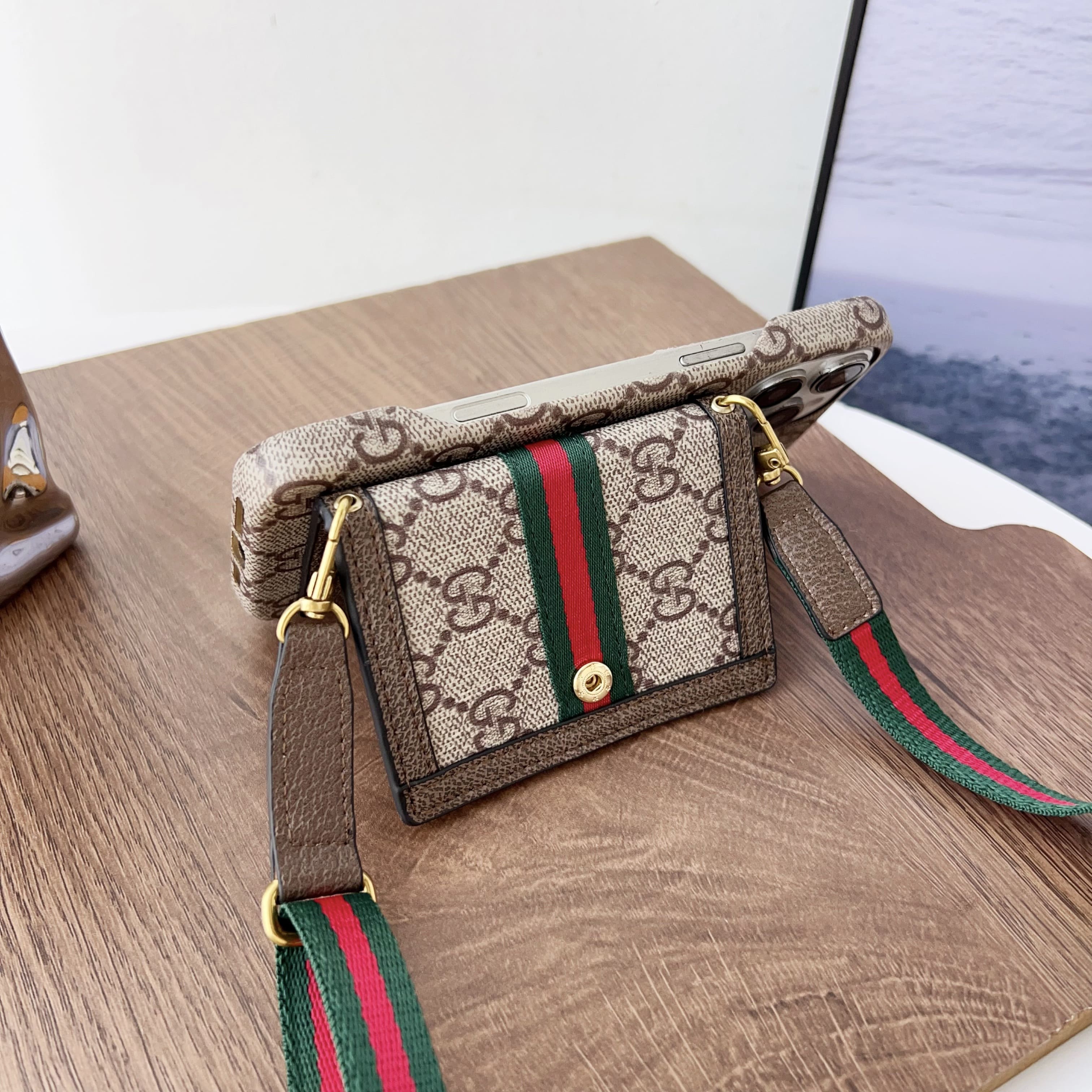 GG iPhone Case With Wallet And Crossbody Strap Brown -XK240330