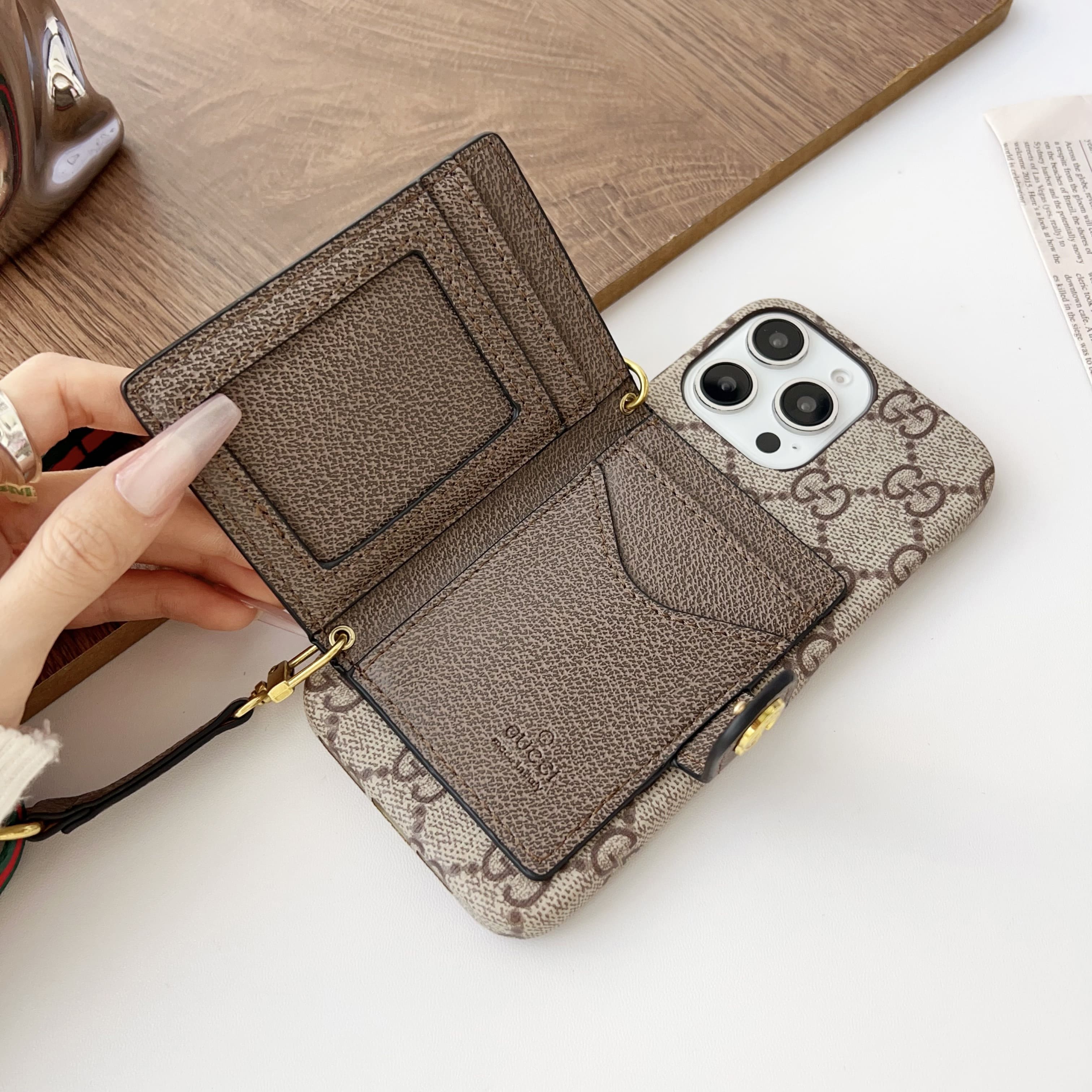 GG iPhone Case With Wallet And Crossbody Strap Brown -XK240330