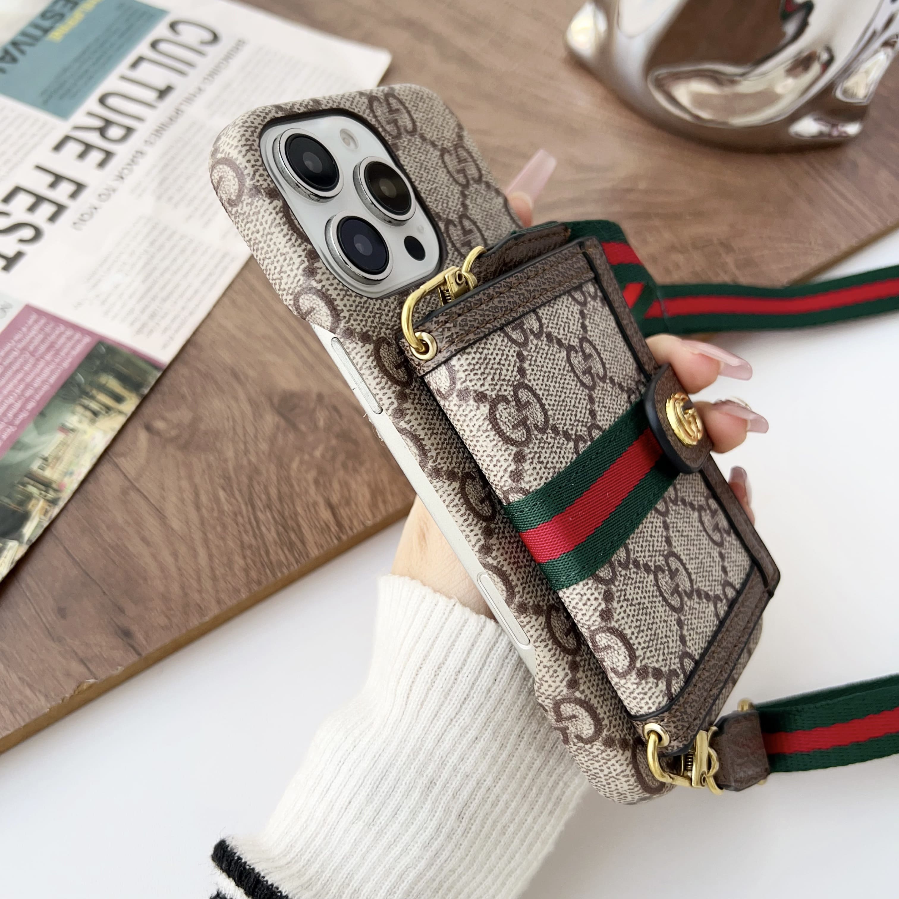 GG iPhone Case With Wallet And Crossbody Strap Brown -XK240330