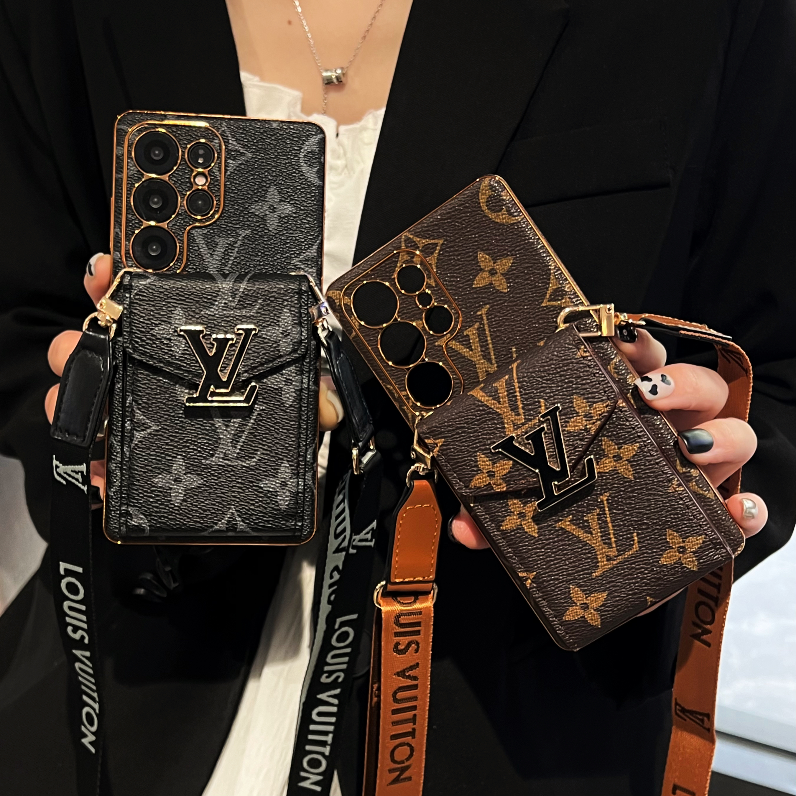 Classic Leather Monogram Samsung Galaxy S Series Case With Card Holder And Strap-GELV101