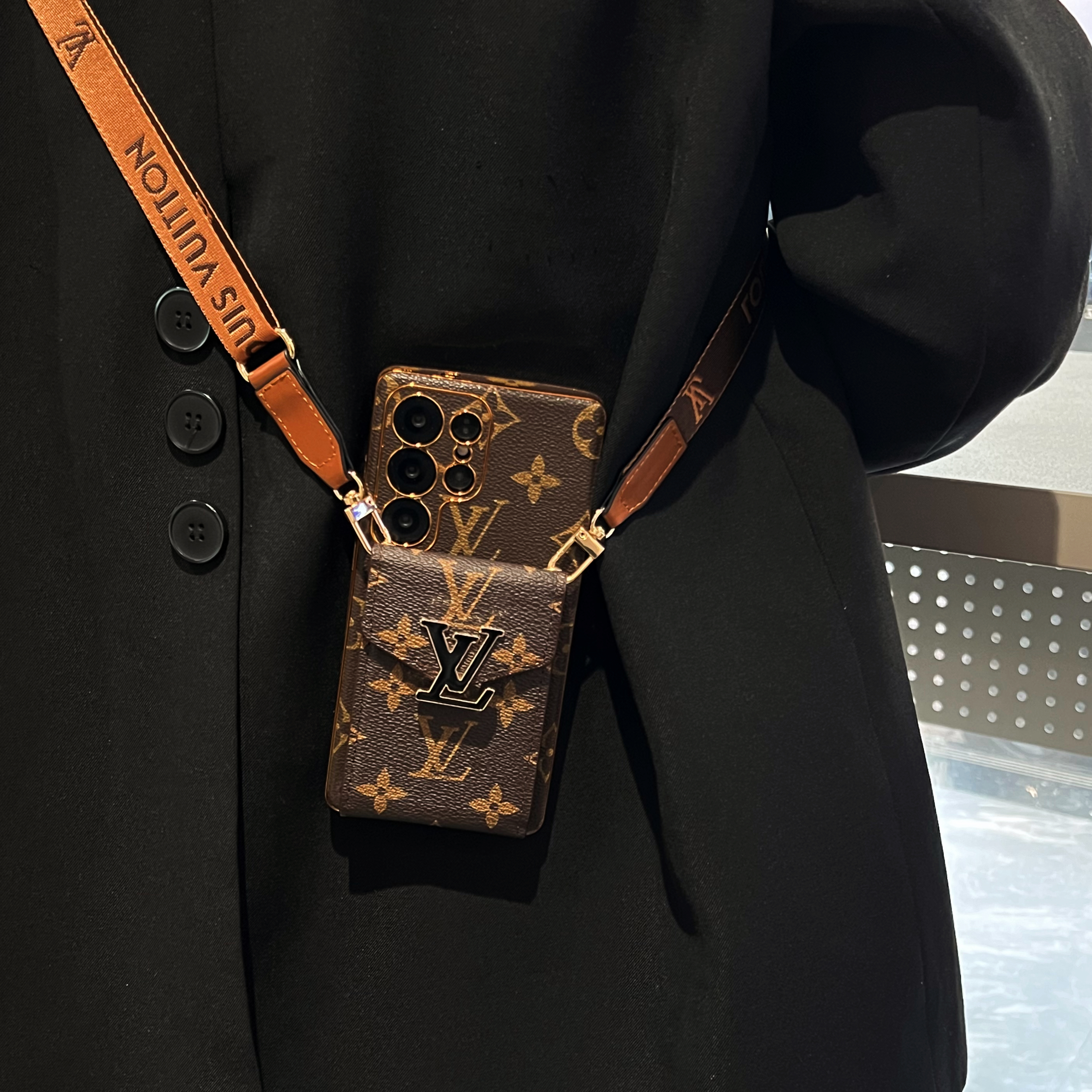 Classic Leather Monogram Samsung Galaxy S Series Case With Card Holder And Strap-GELV101