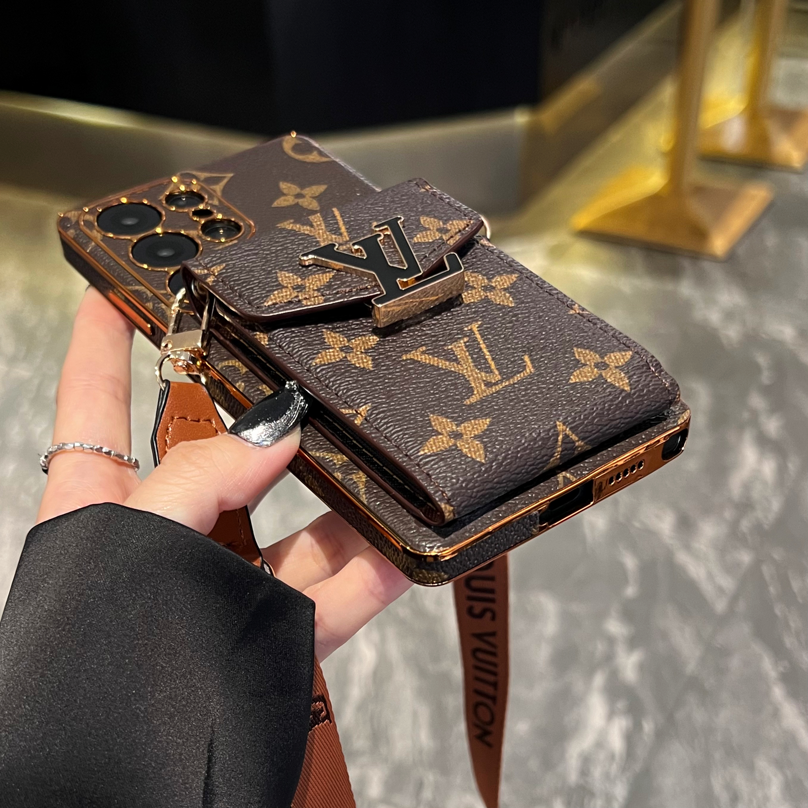 Classic Leather Monogram Samsung Galaxy S Series Case With Card Holder And Strap-GELV101