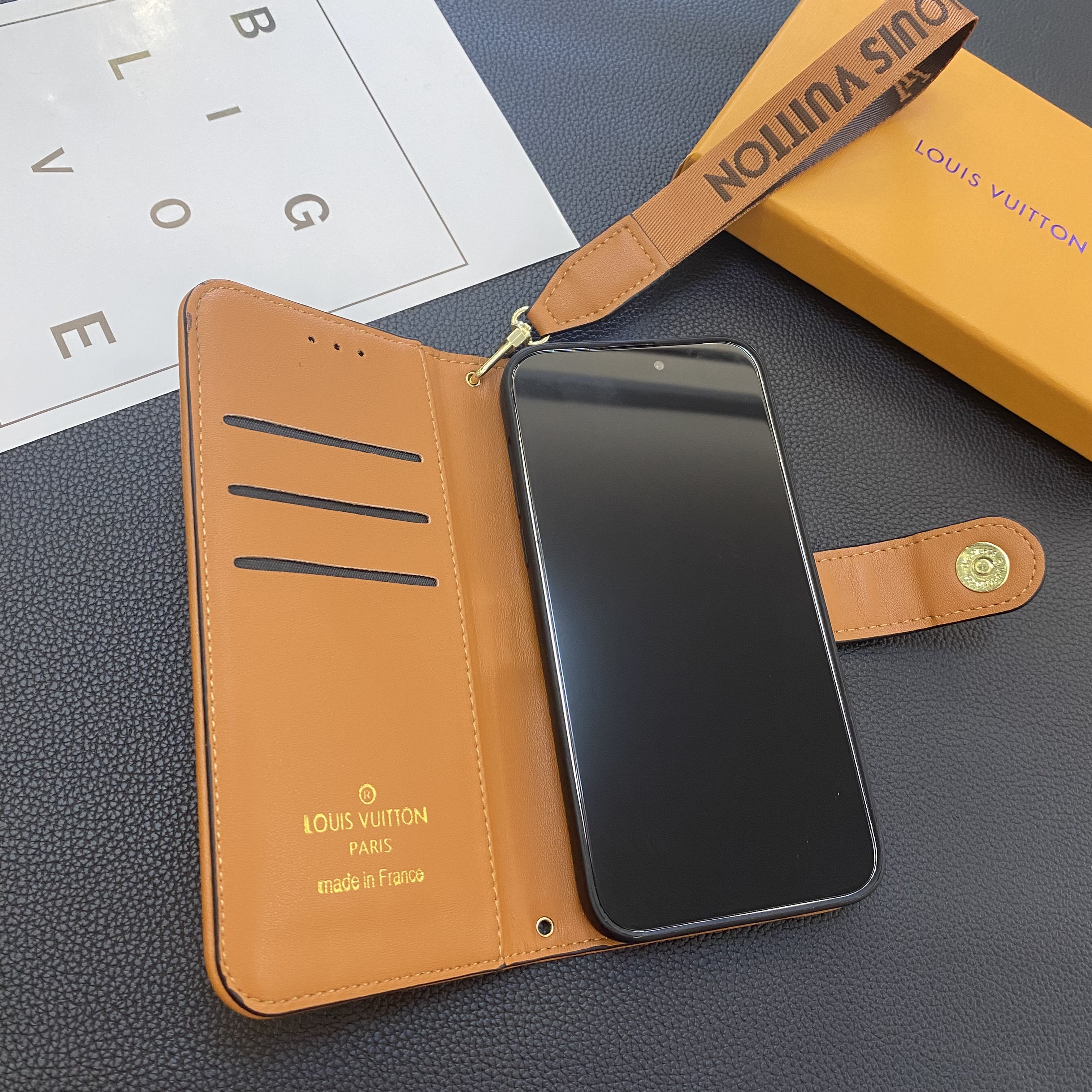 Luxury Leather Folio Monogram iPhone Case  With Wallet And Strap Big Printing-GELB002