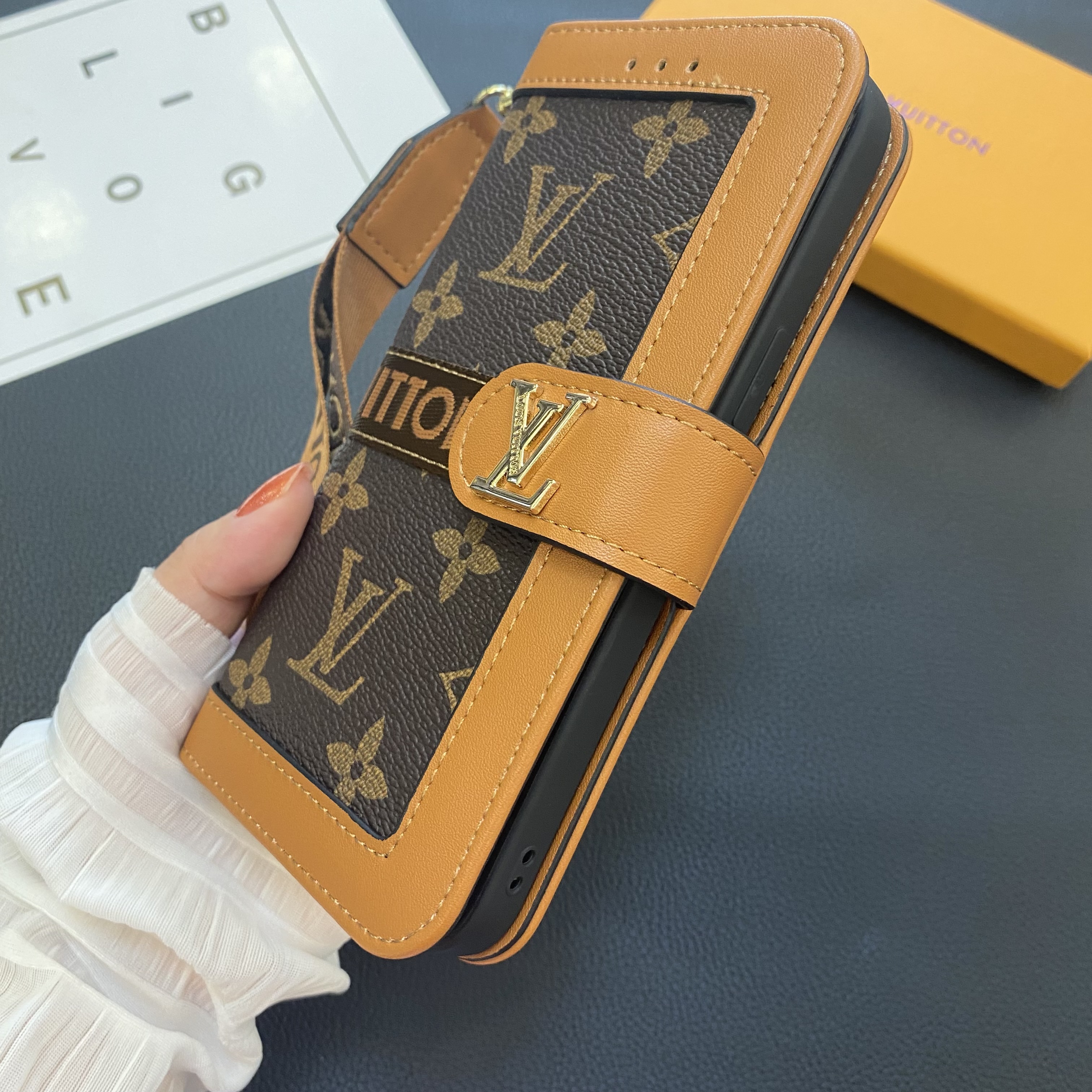 Luxury Leather Folio Monogram iPhone Case  With Wallet And Strap Big Printing-GELB002