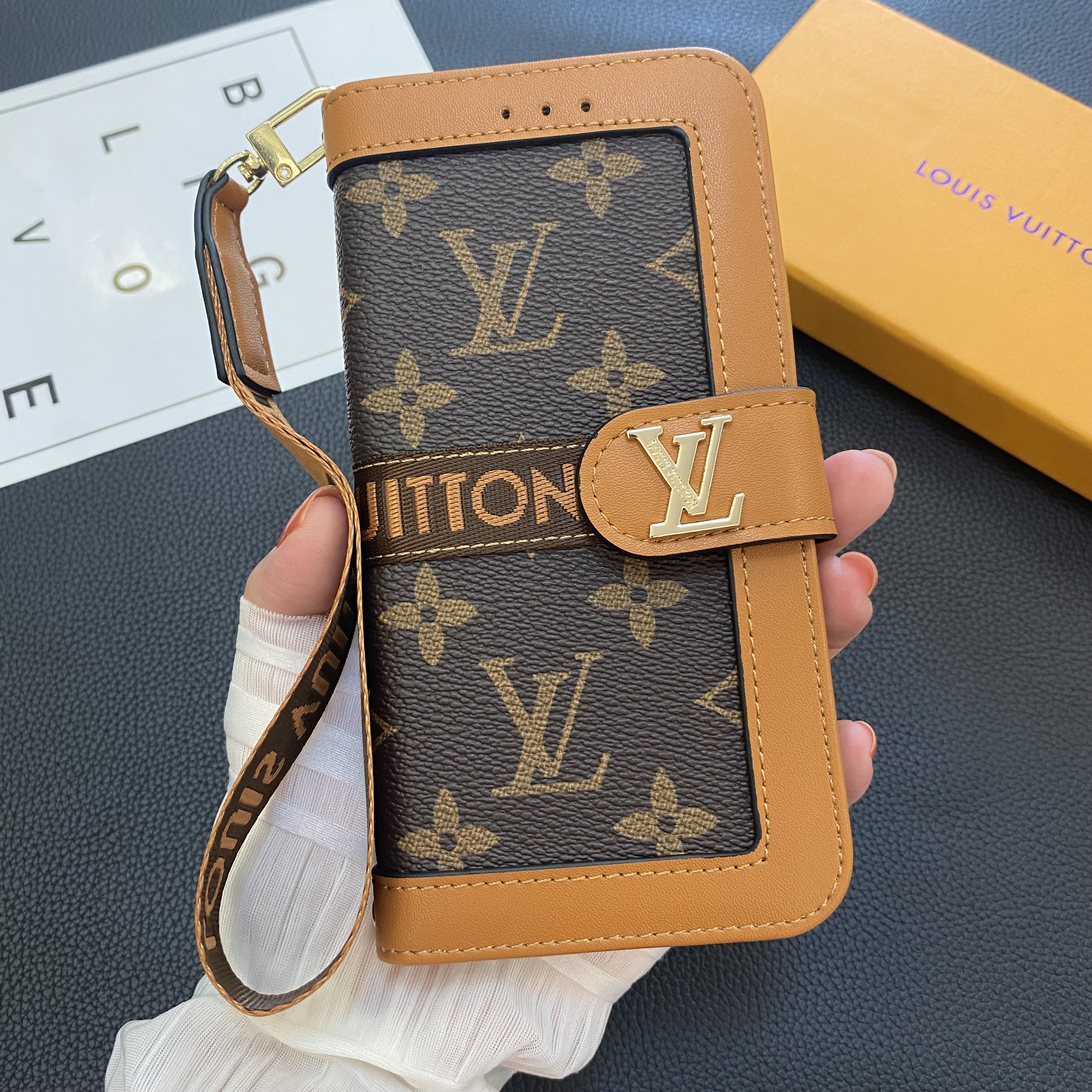 Luxury Leather Folio Monogram iPhone Case  With Wallet And Strap Big Printing-GELB002