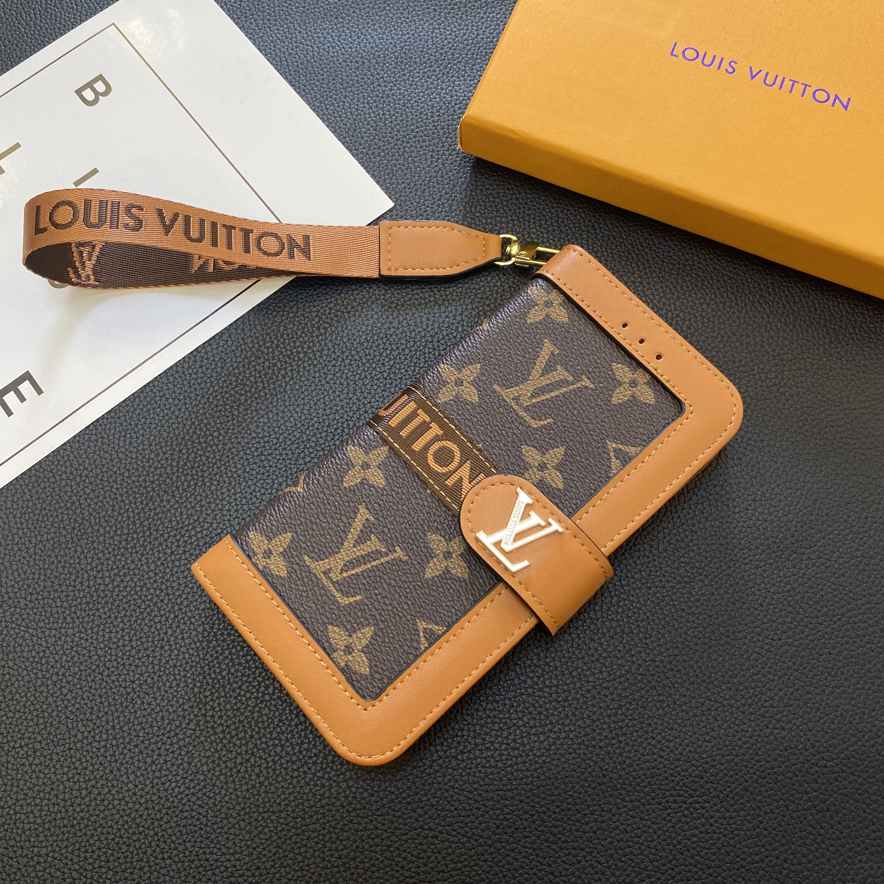 Luxury Leather Folio Monogram iPhone Case  With Wallet And Strap Big Printing-GELB002