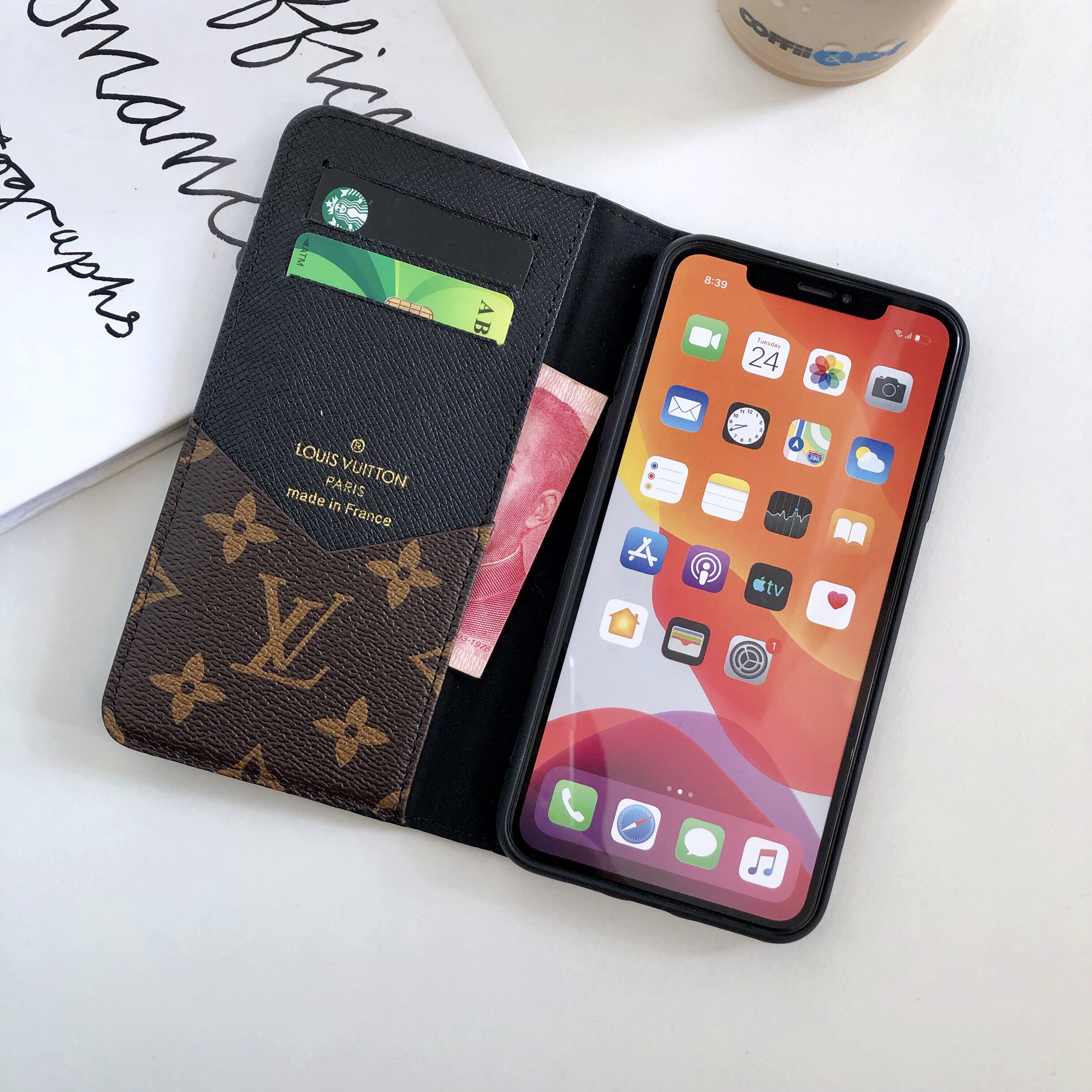 Folding Leather Monogram iPhone Case with Card and Cash Slots Big Printing-GEHYL002