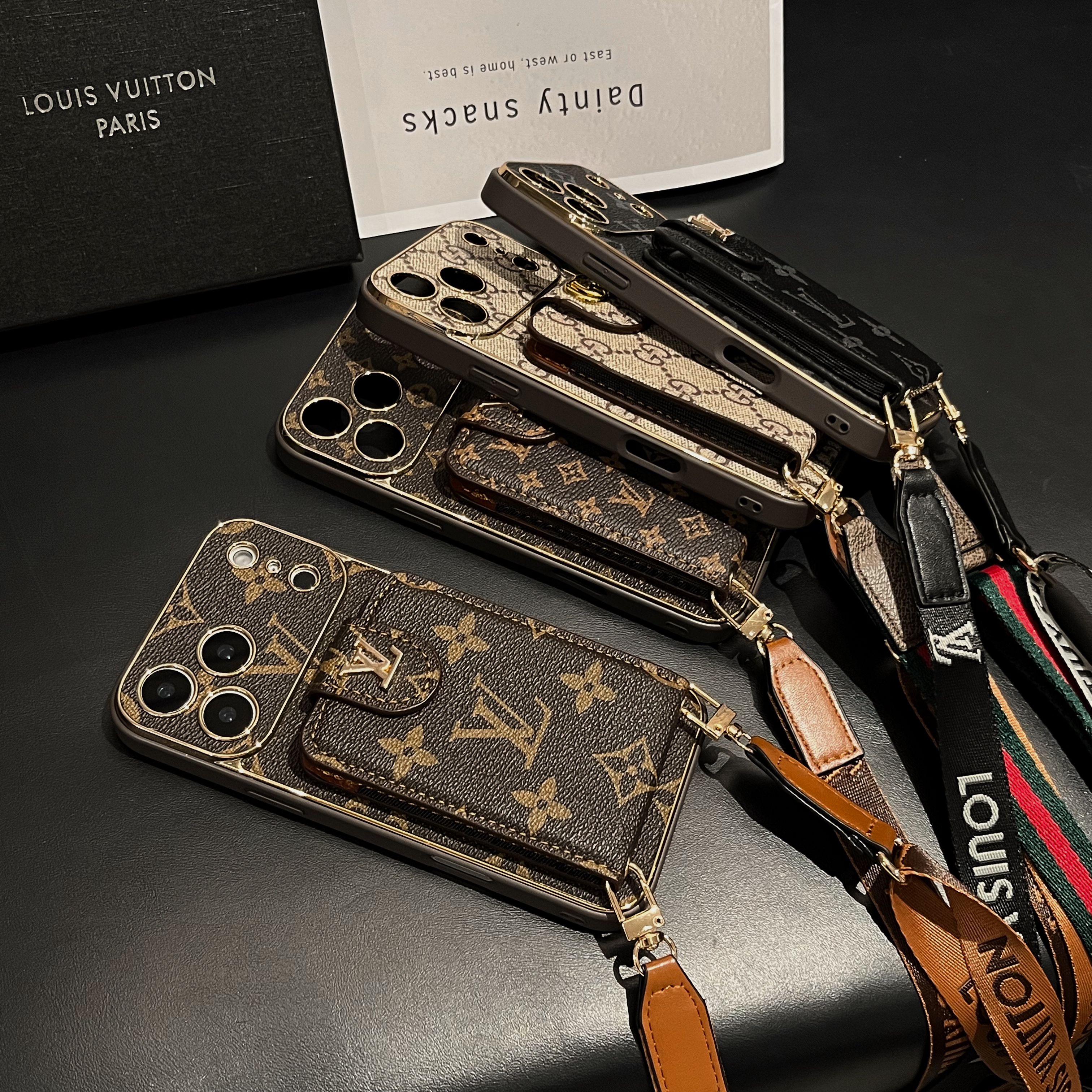 Luxury Leather Monogram iPhone Case With Card Holder And Strap For iPhone 17 Series-GELV007