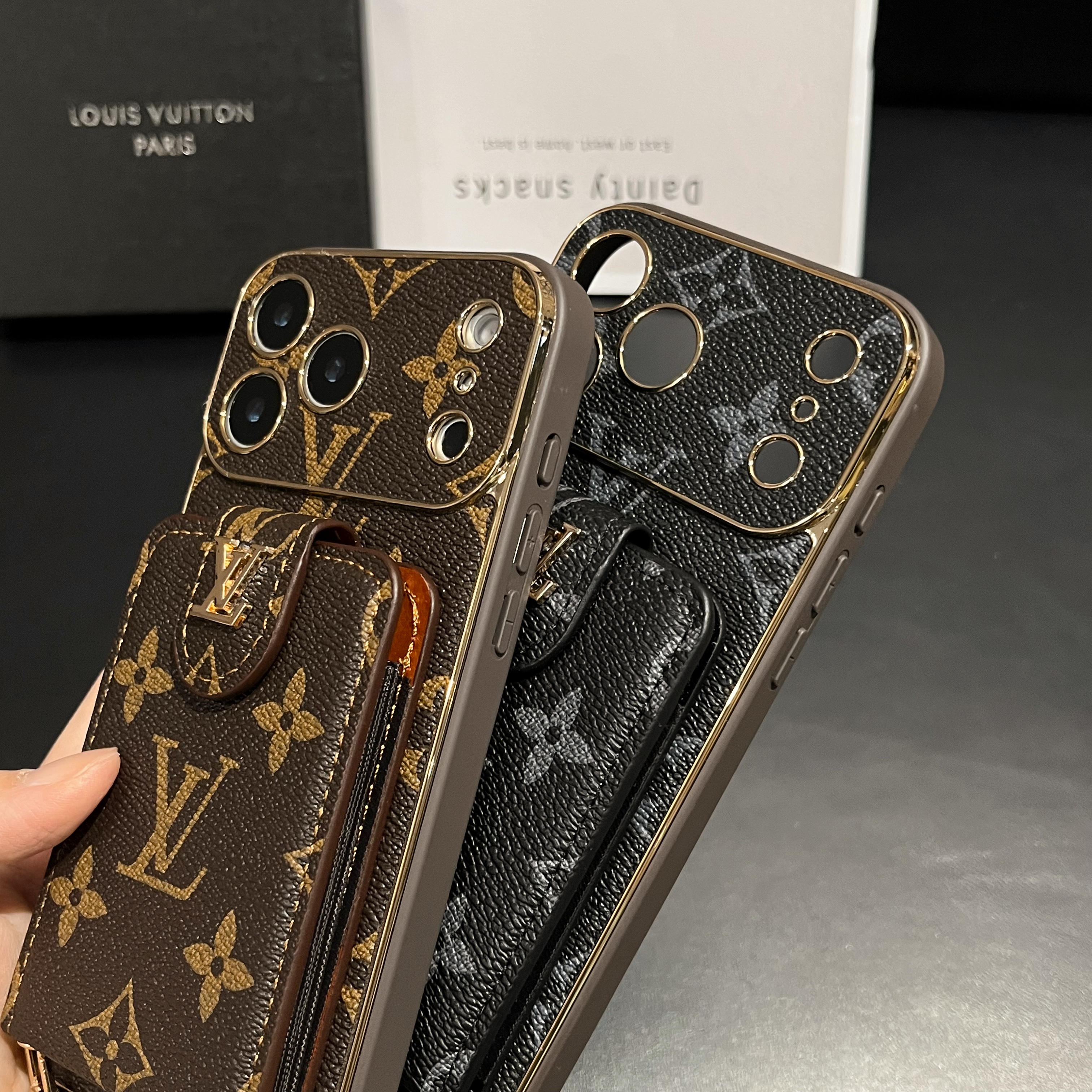 Luxury Leather Monogram iPhone Case With Card Holder And Strap For iPhone 17 Series-GELV007