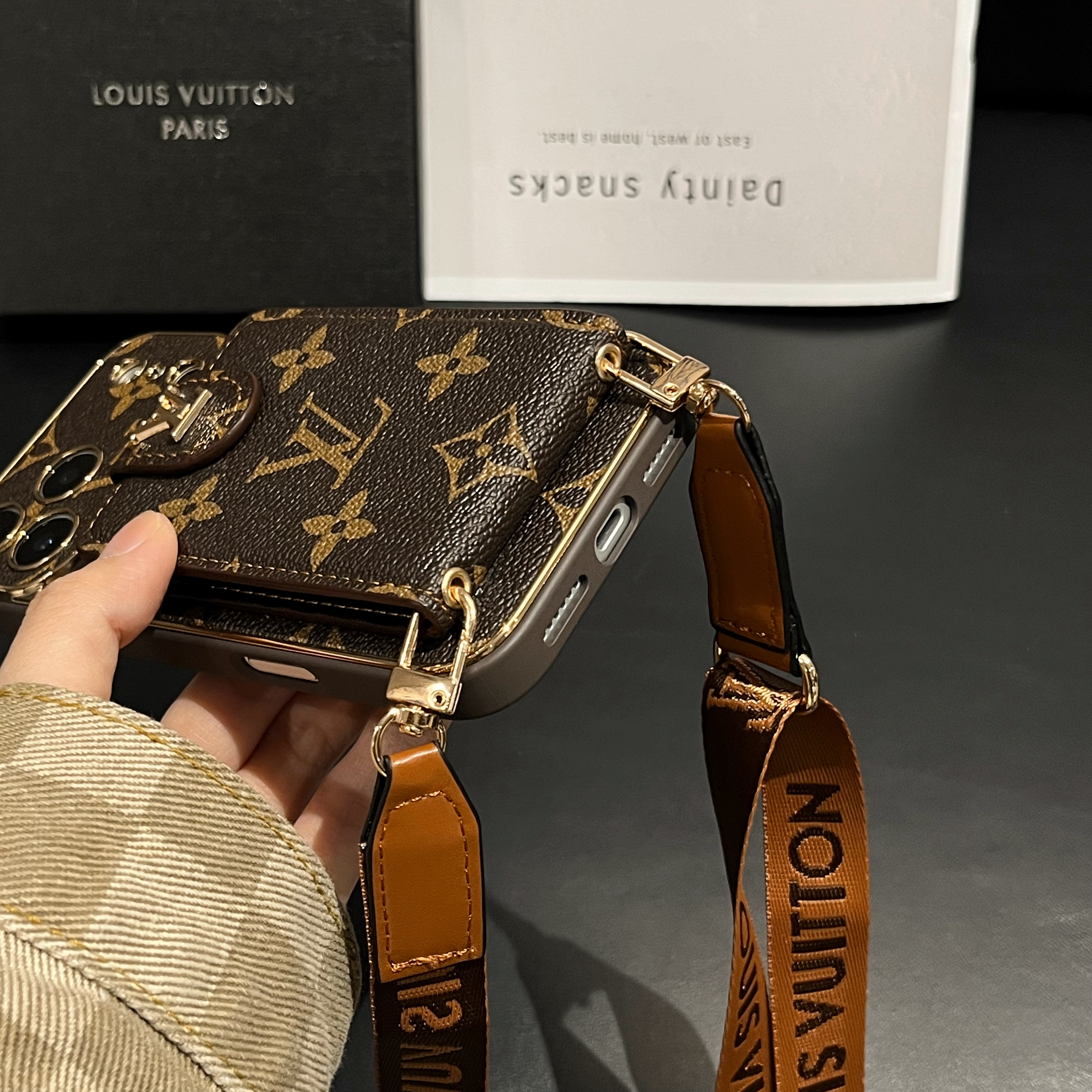 Luxury Leather Monogram iPhone Case With Card Holder And Strap For iPhone 17 Series-GELV007