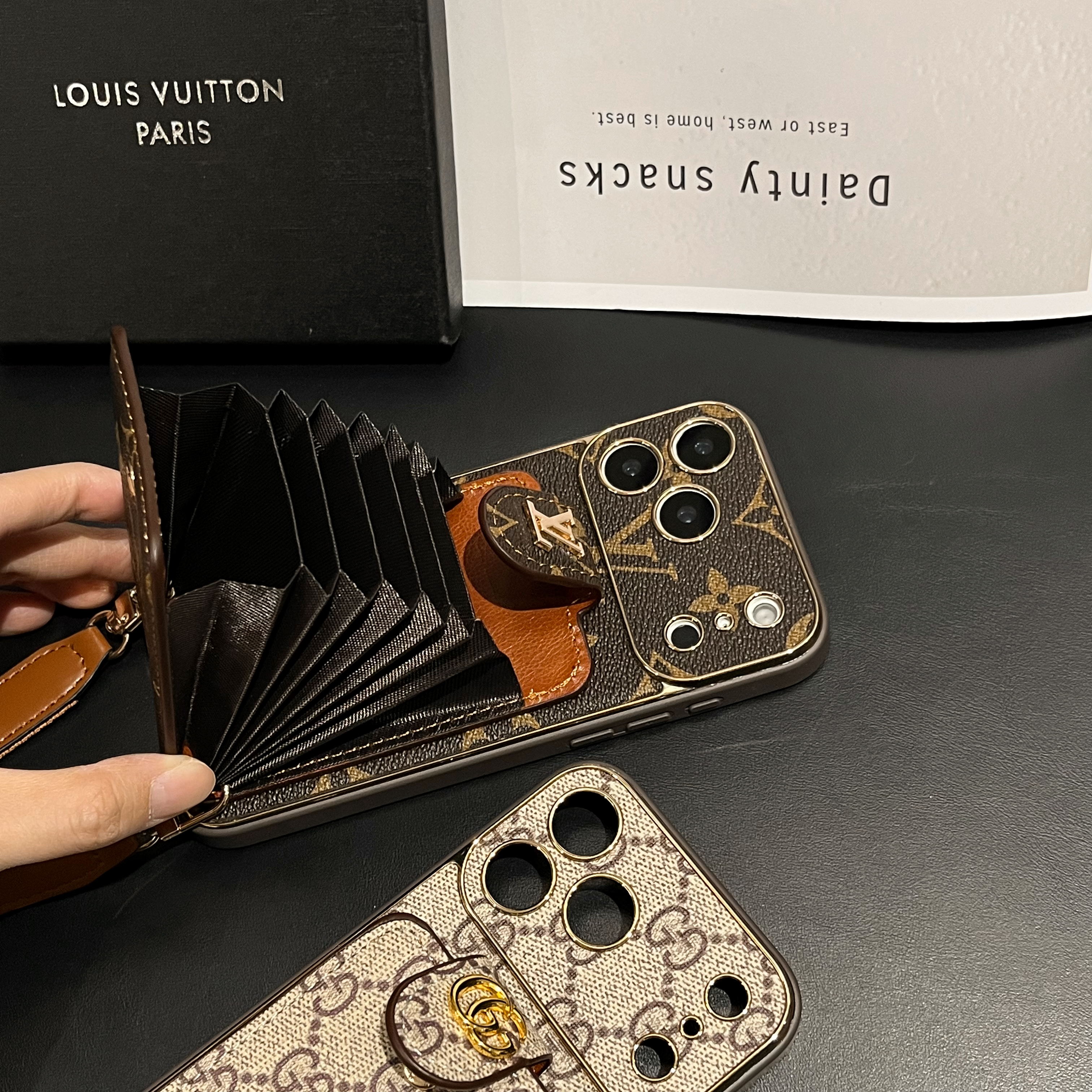 Luxury Leather Monogram iPhone Case With Card Holder And Strap For iPhone 17 Series-GELV007