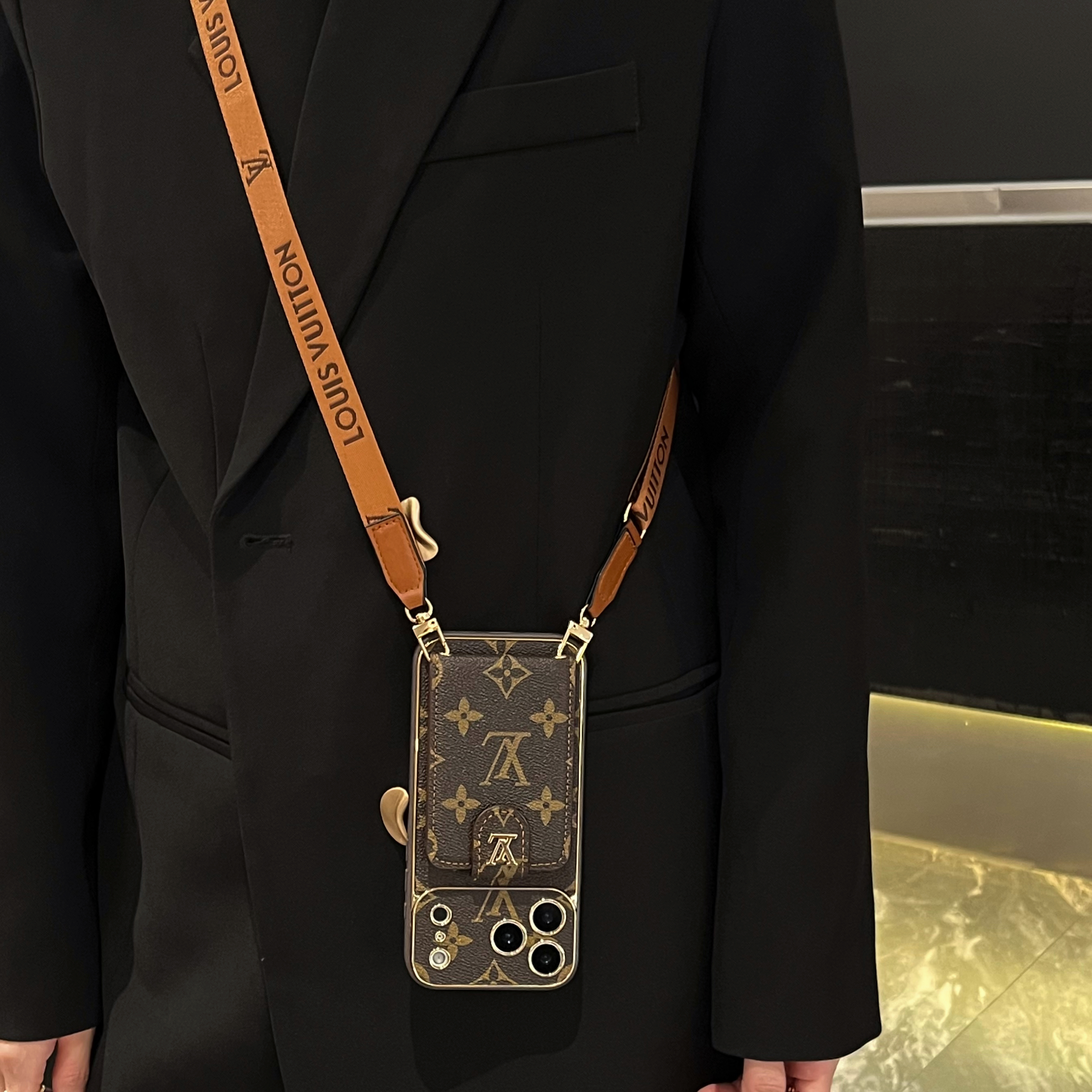 Luxury Leather Monogram iPhone Case With Card Holder And Strap For iPhone 17 Series-GELV007