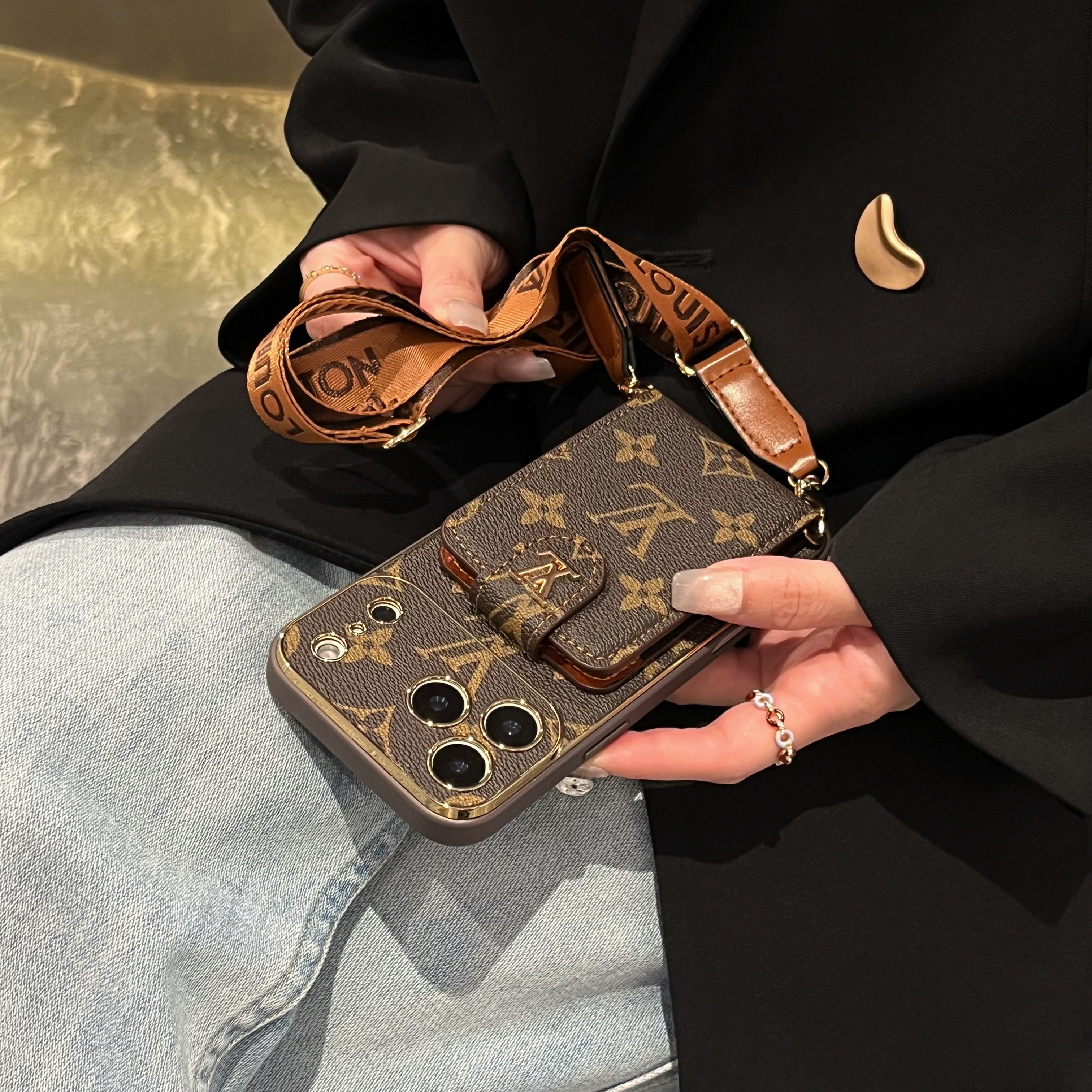 Luxury Leather Monogram iPhone Case With Card Holder And Strap For iPhone 17 Series-GELV007