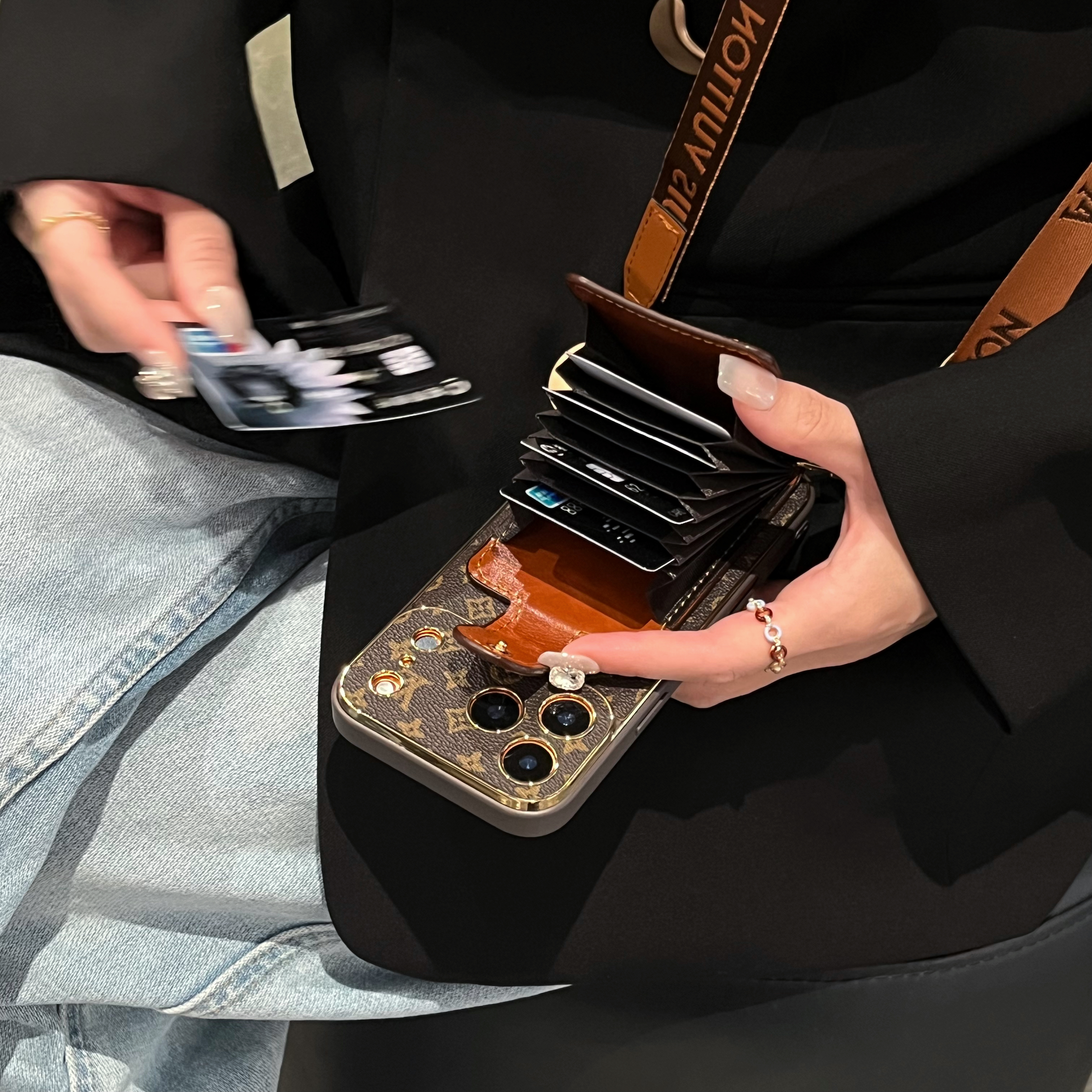 Luxury Leather Monogram iPhone Case With Card Holder And Strap For iPhone 17 Series-GELV007