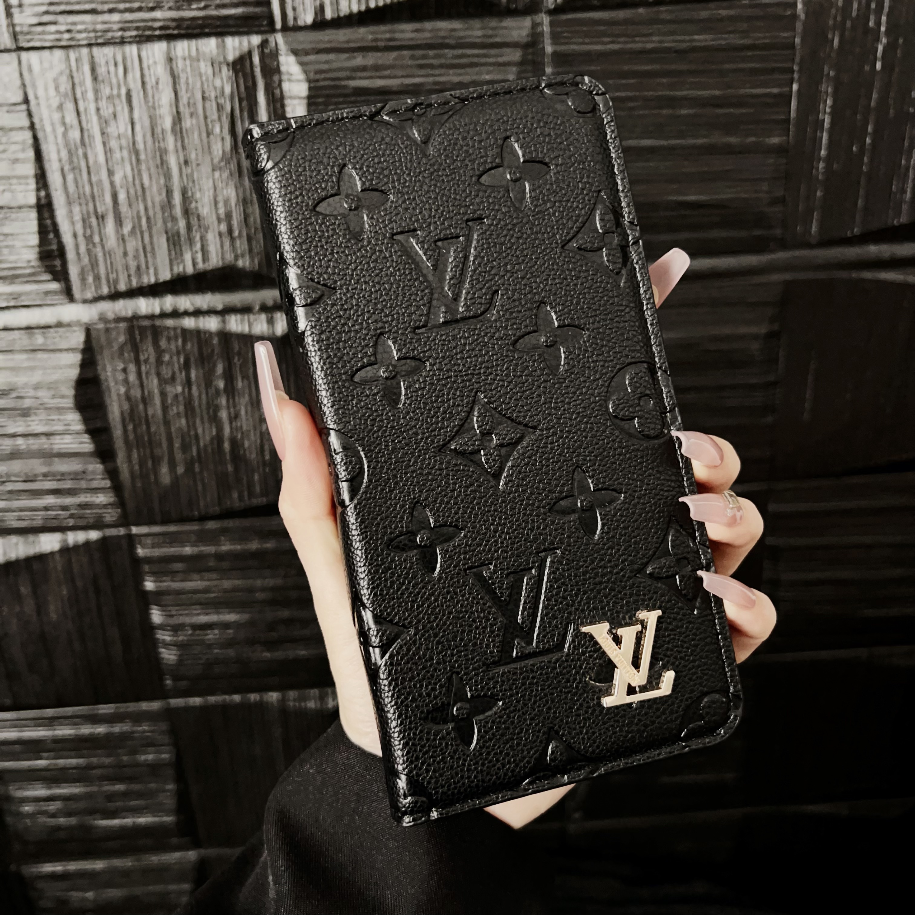 Premium Leather Folio Monogram iPhone Case With Card Holder-GEHYL001