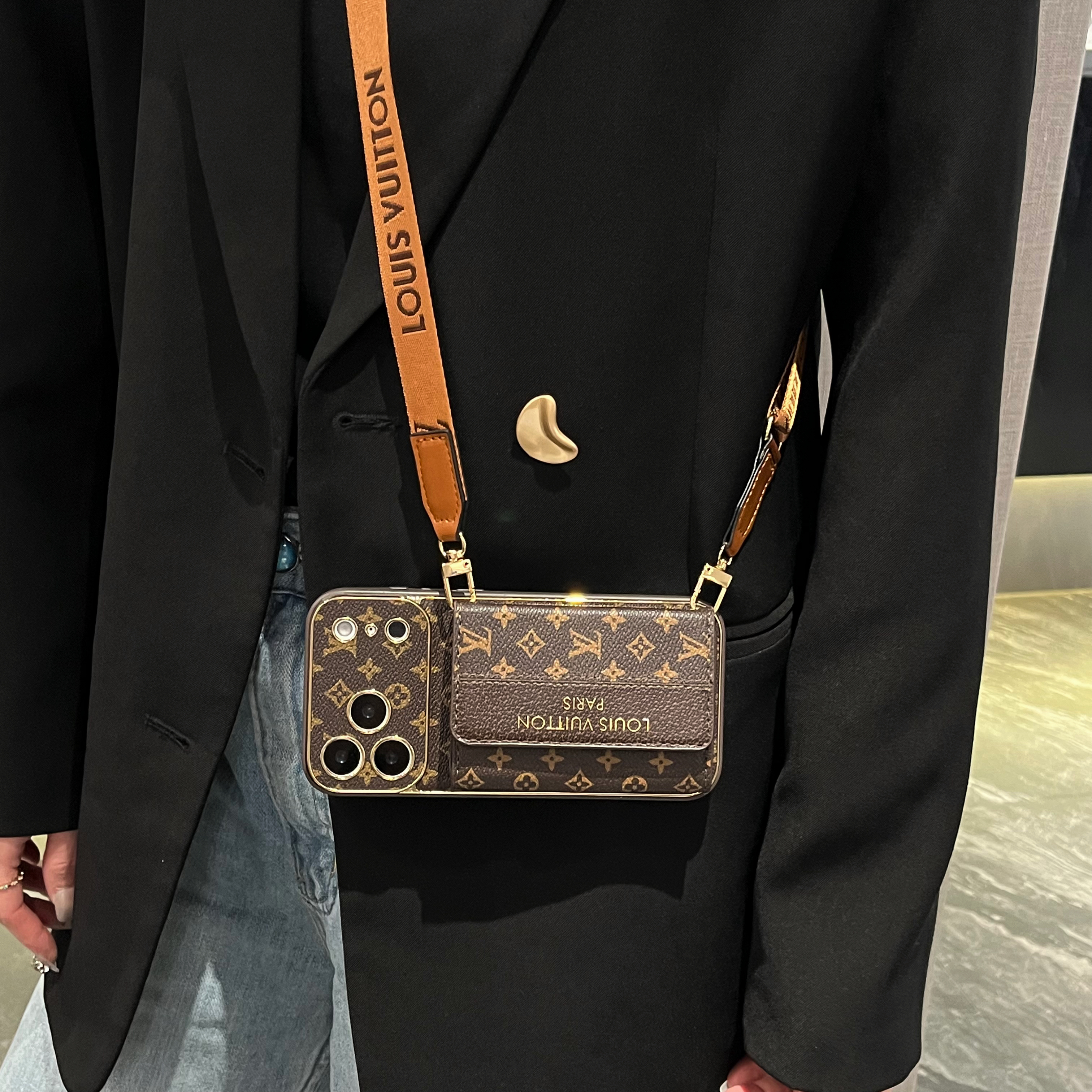 Classic Monogram iPhone Case With Card Holder And Strap For iPhone 17 Series-GELV009