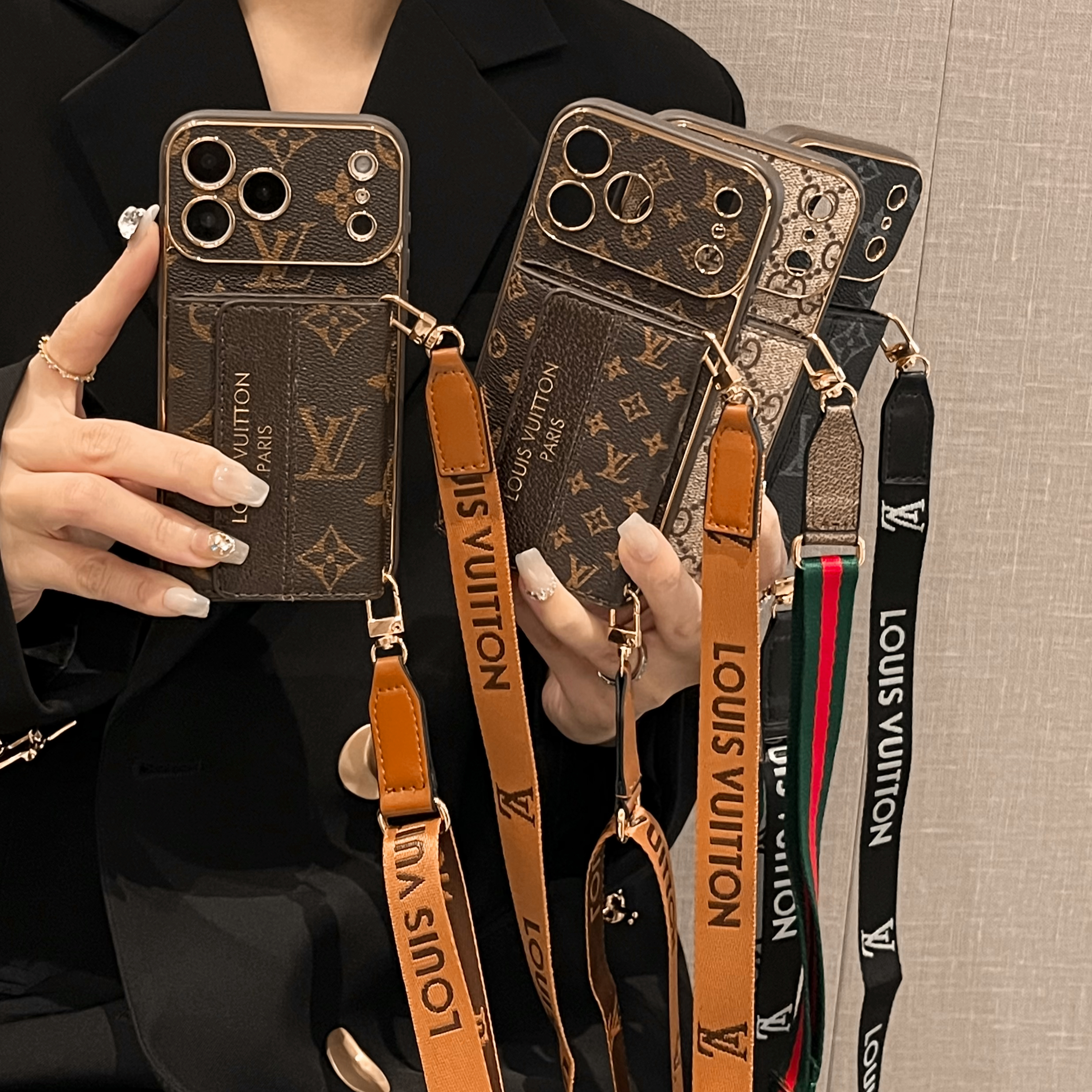 Classic Monogram iPhone Case With Card Holder And Strap For iPhone 17 Series-GELV009