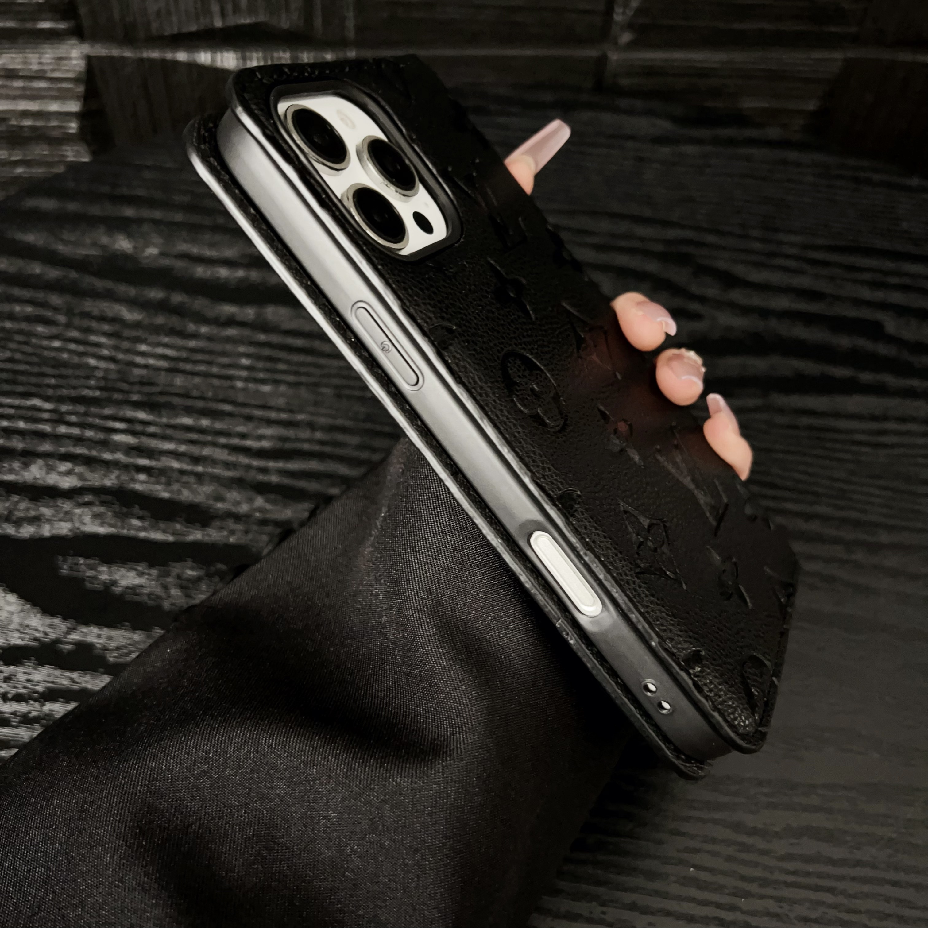 Premium Leather Folio Monogram iPhone Case With Card Holder-GEHYL001