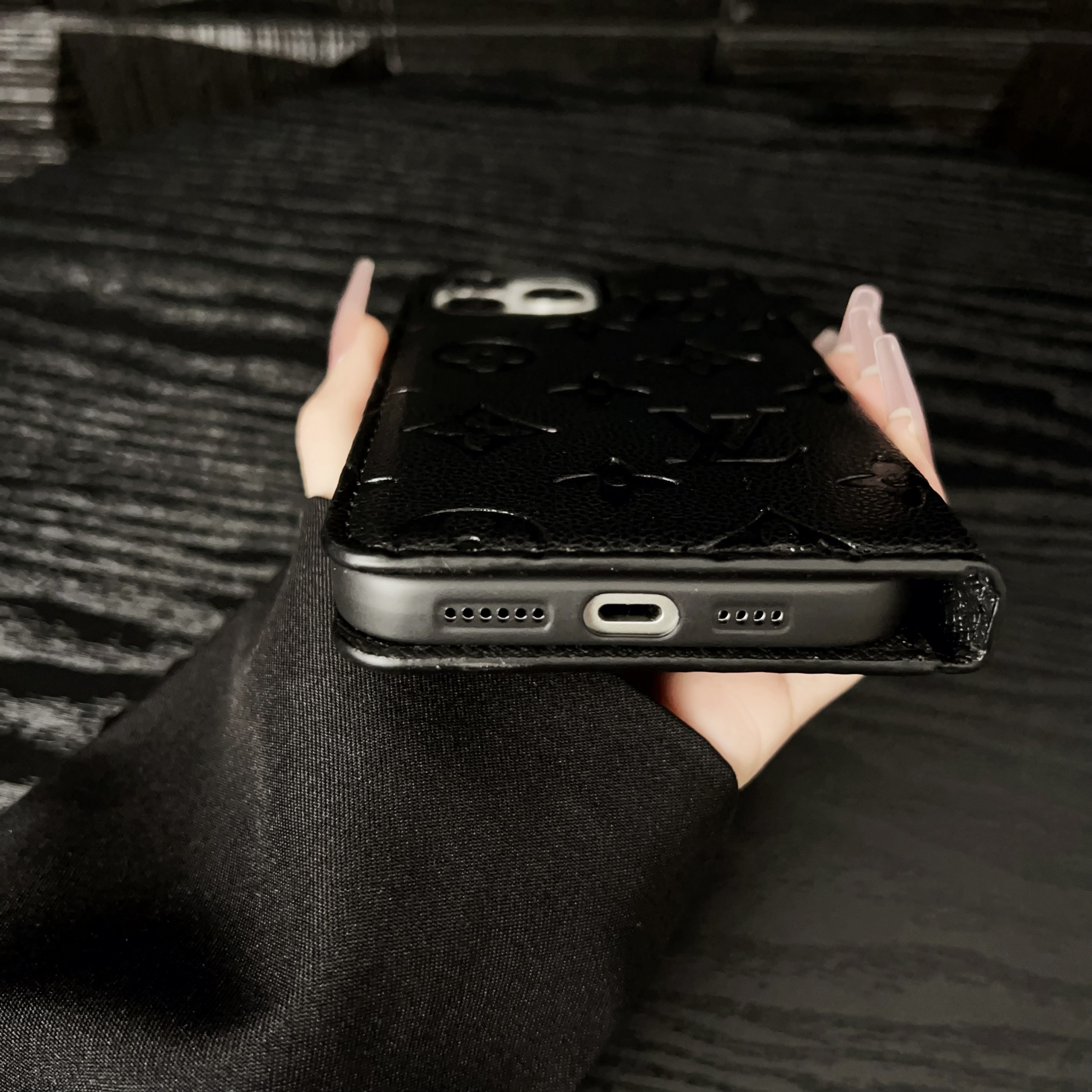 Premium Leather Folio Monogram iPhone Case With Card Holder-GEHYL001