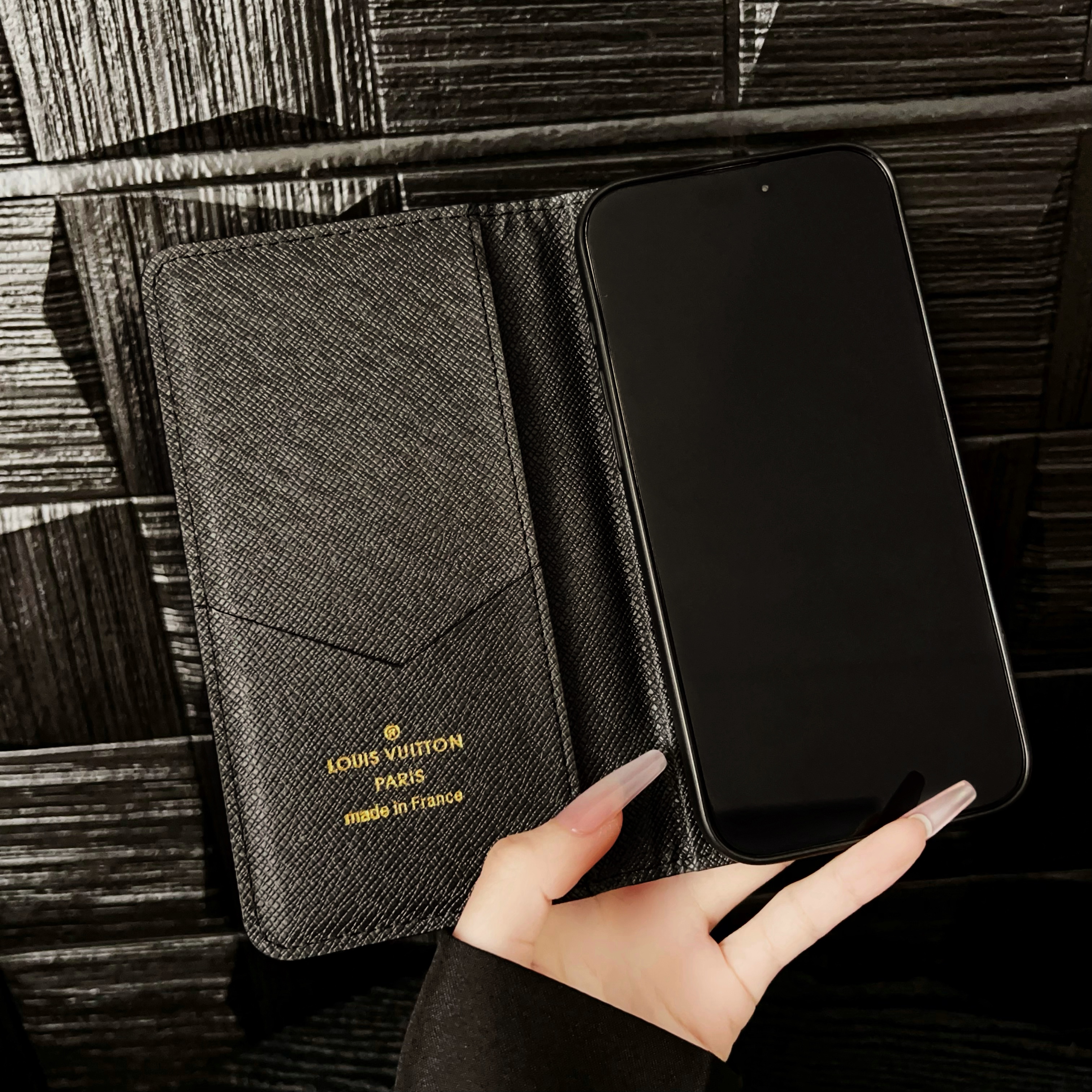 Premium Leather Folio Monogram iPhone Case With Card Holder-GEHYL001